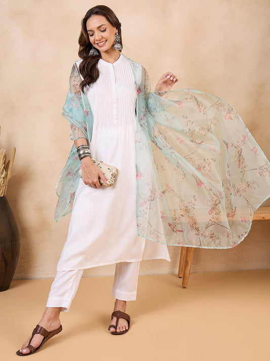 InWeave Teal Bird Print Organza Dupatta - Swadesiicart