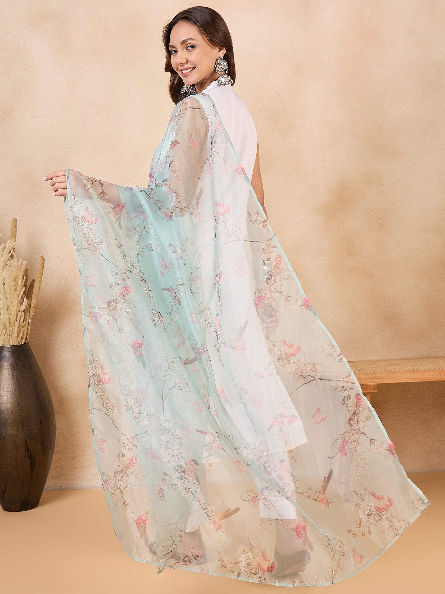 InWeave Teal Bird Print Organza Dupatta - Swadesiicart
