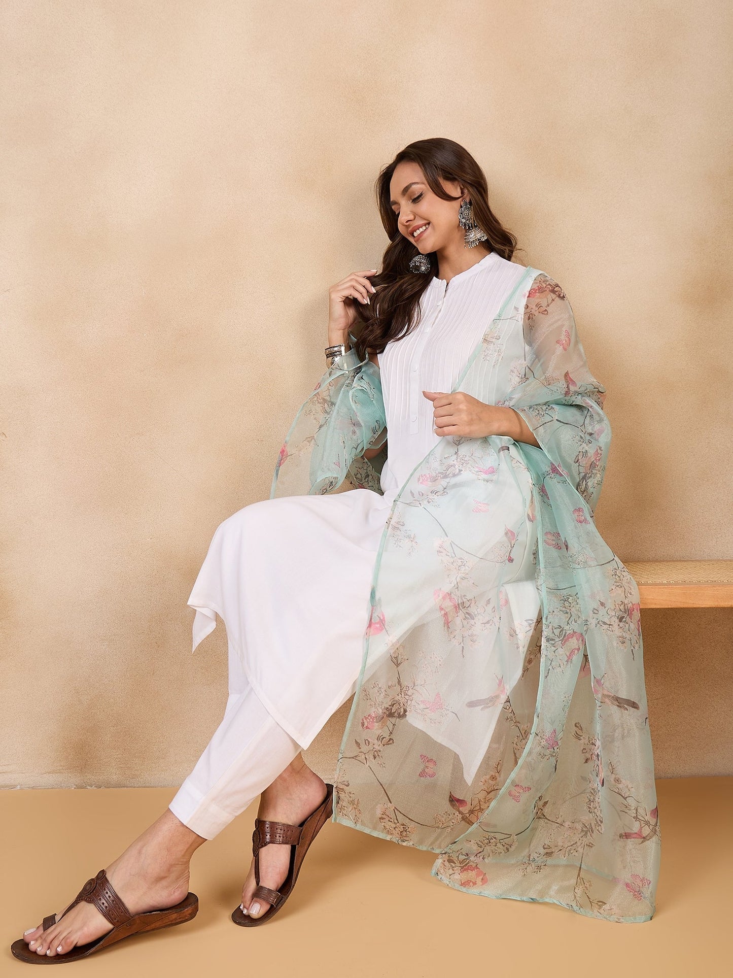 InWeave Teal Bird Print Organza Dupatta - Swadesiicart