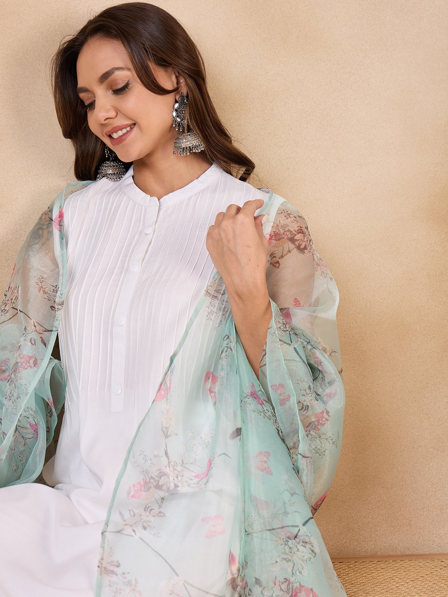 InWeave Teal Bird Print Organza Dupatta - Swadesiicart