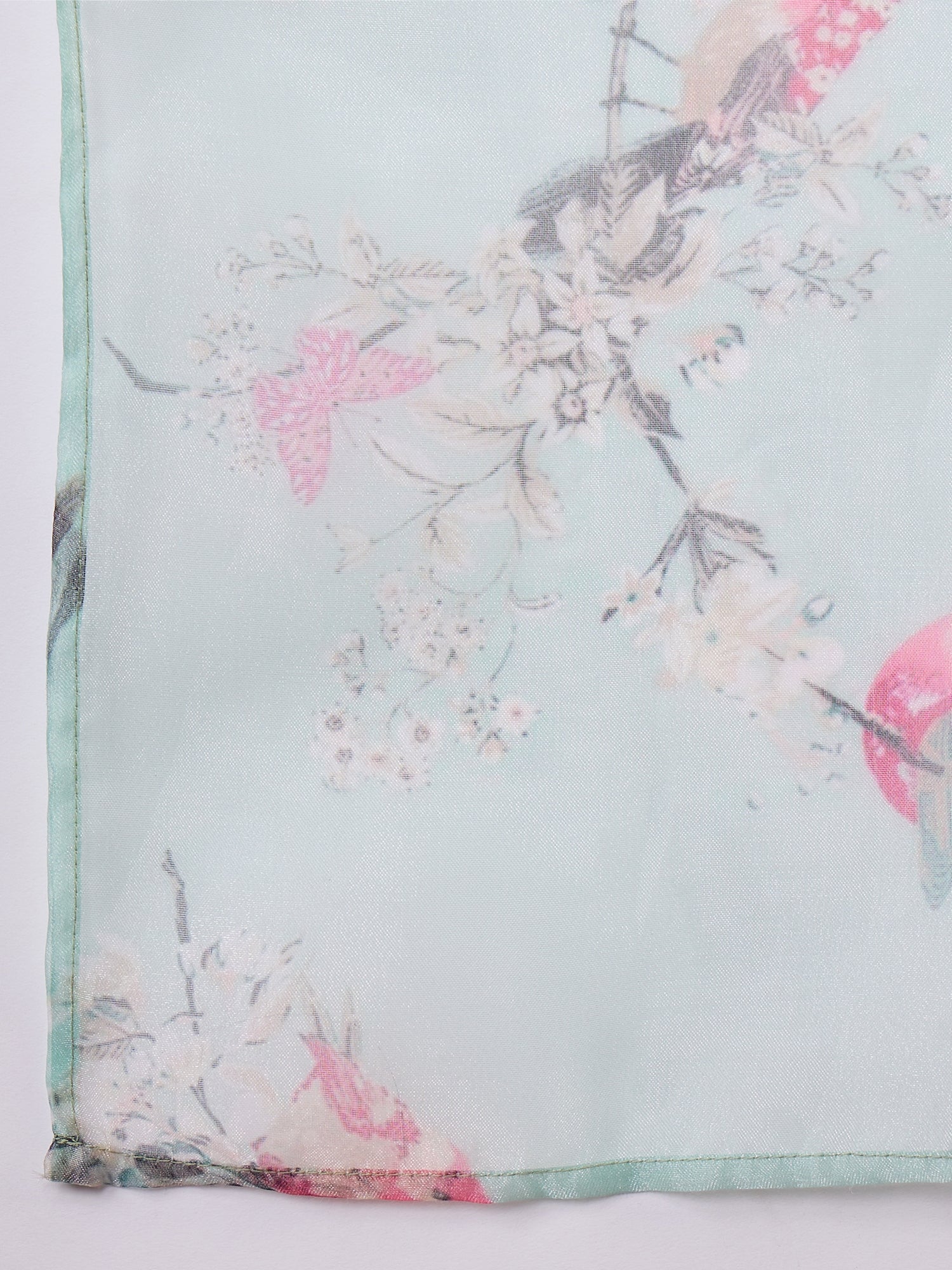 InWeave Teal Bird Print Organza Dupatta - Swadesiicart