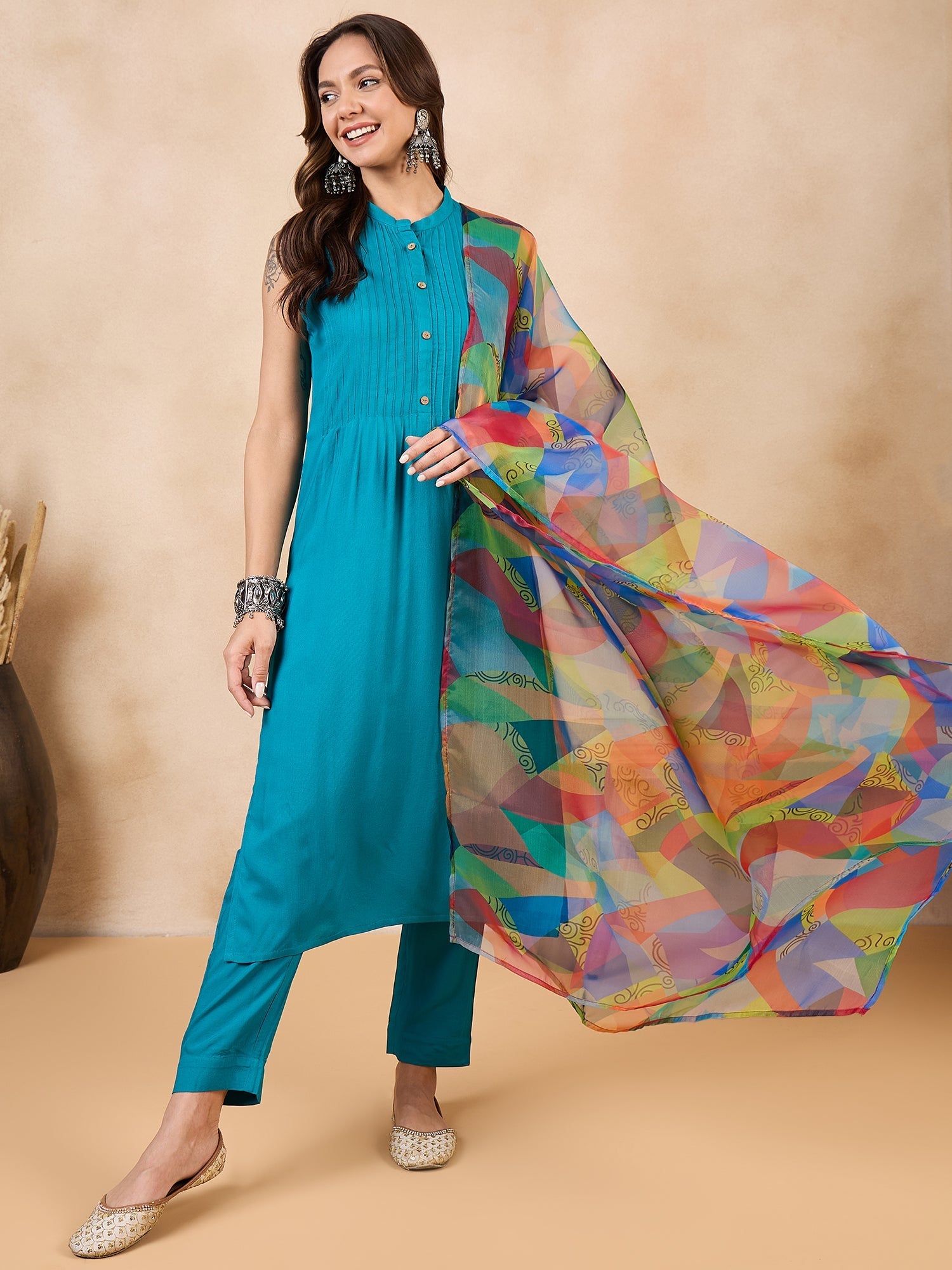 InWeave Green Big Abstract Print Organza Dupatta - Swadesiicart