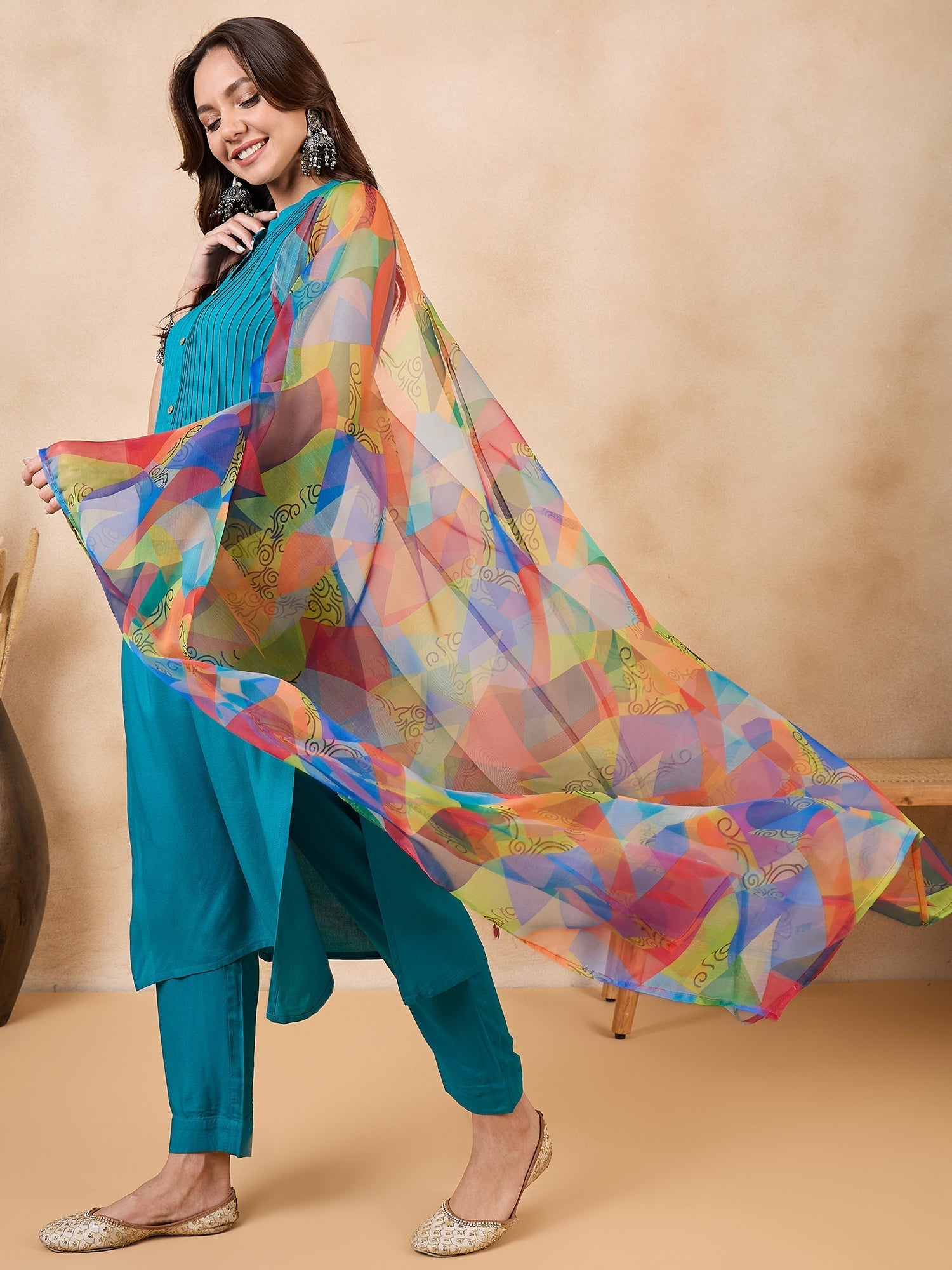 InWeave Green Big Abstract Print Organza Dupatta - Swadesiicart
