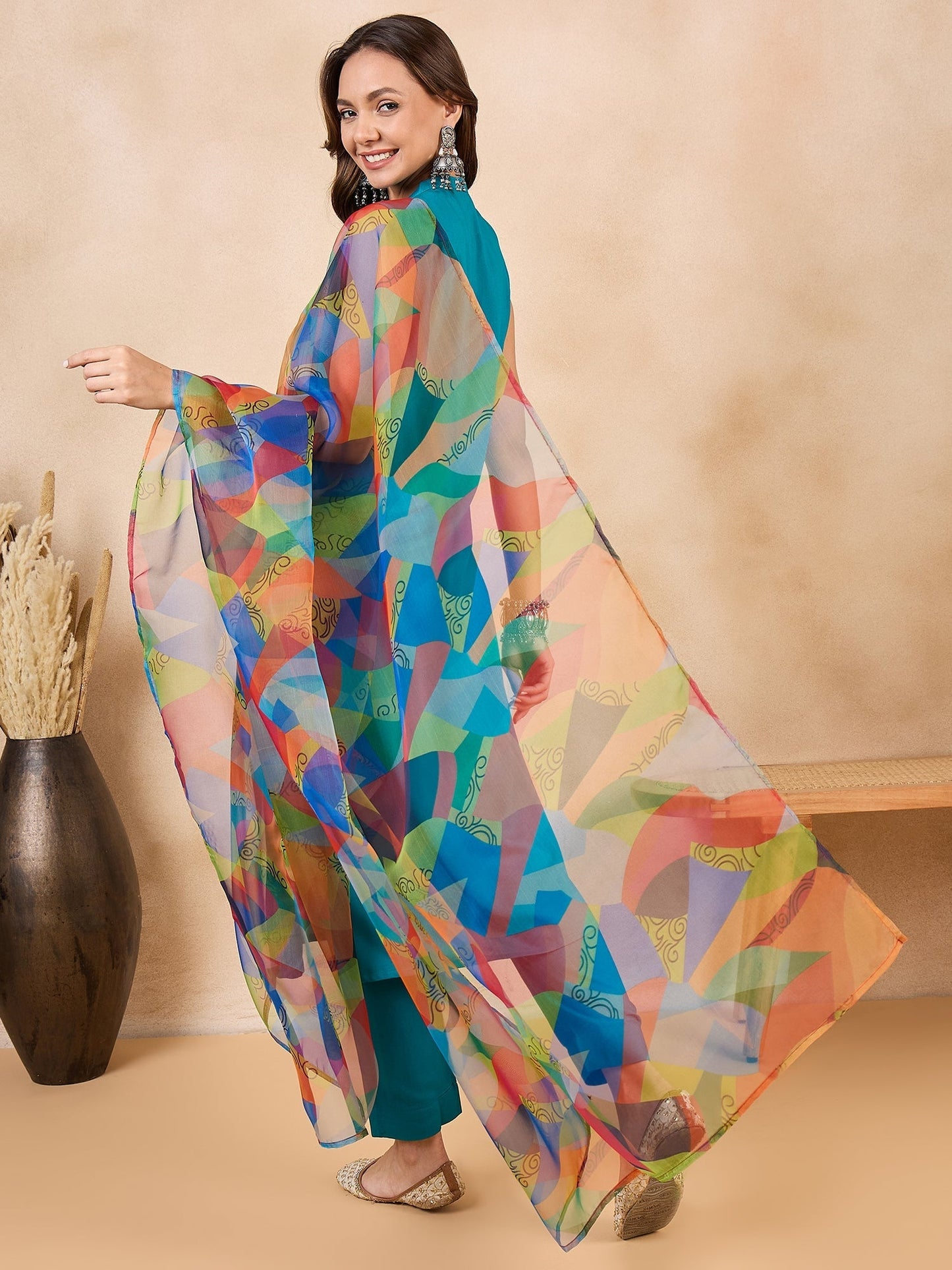 InWeave Green Big Abstract Print Organza Dupatta - Swadesiicart