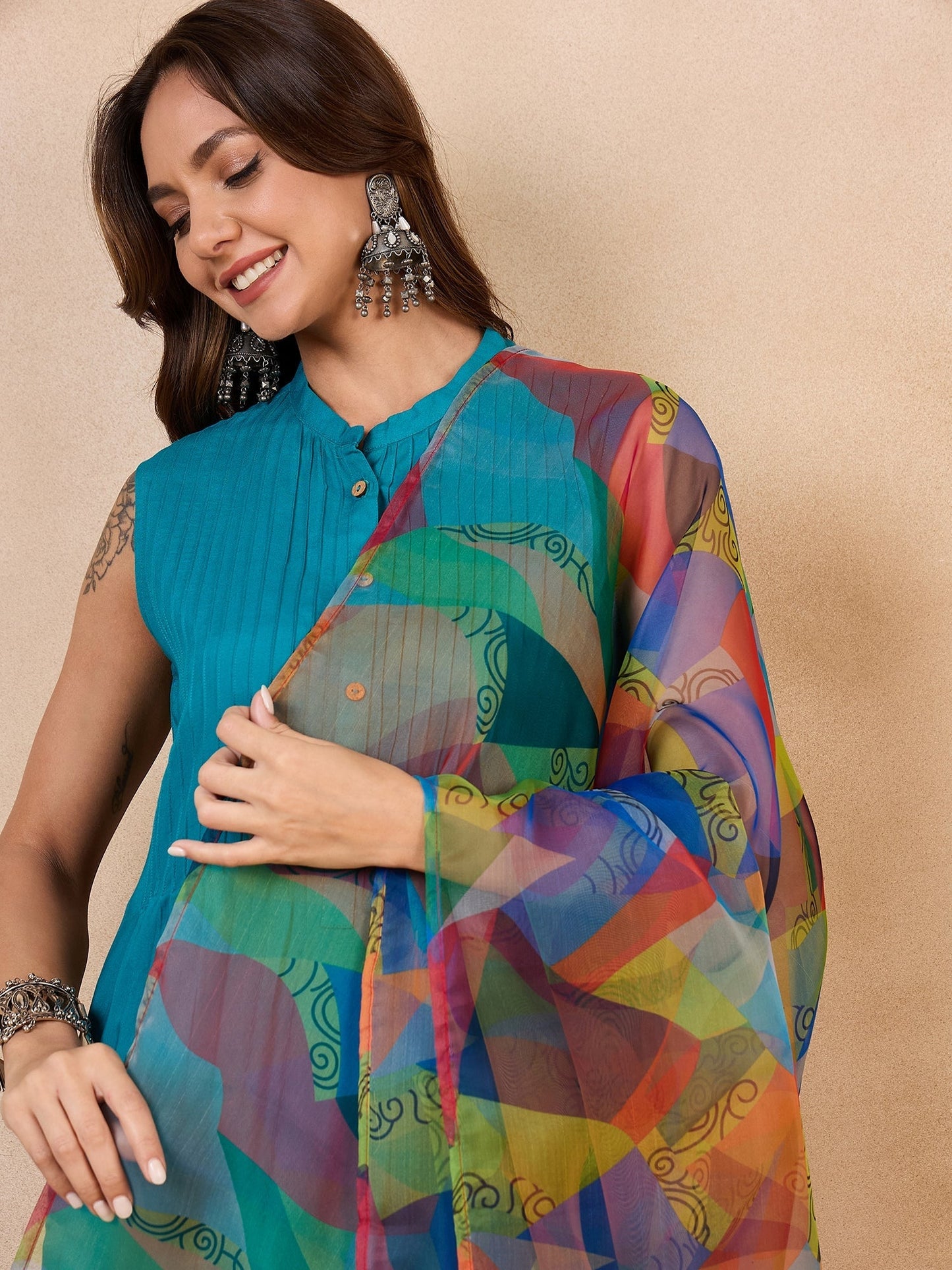 InWeave Green Big Abstract Print Organza Dupatta - Swadesiicart