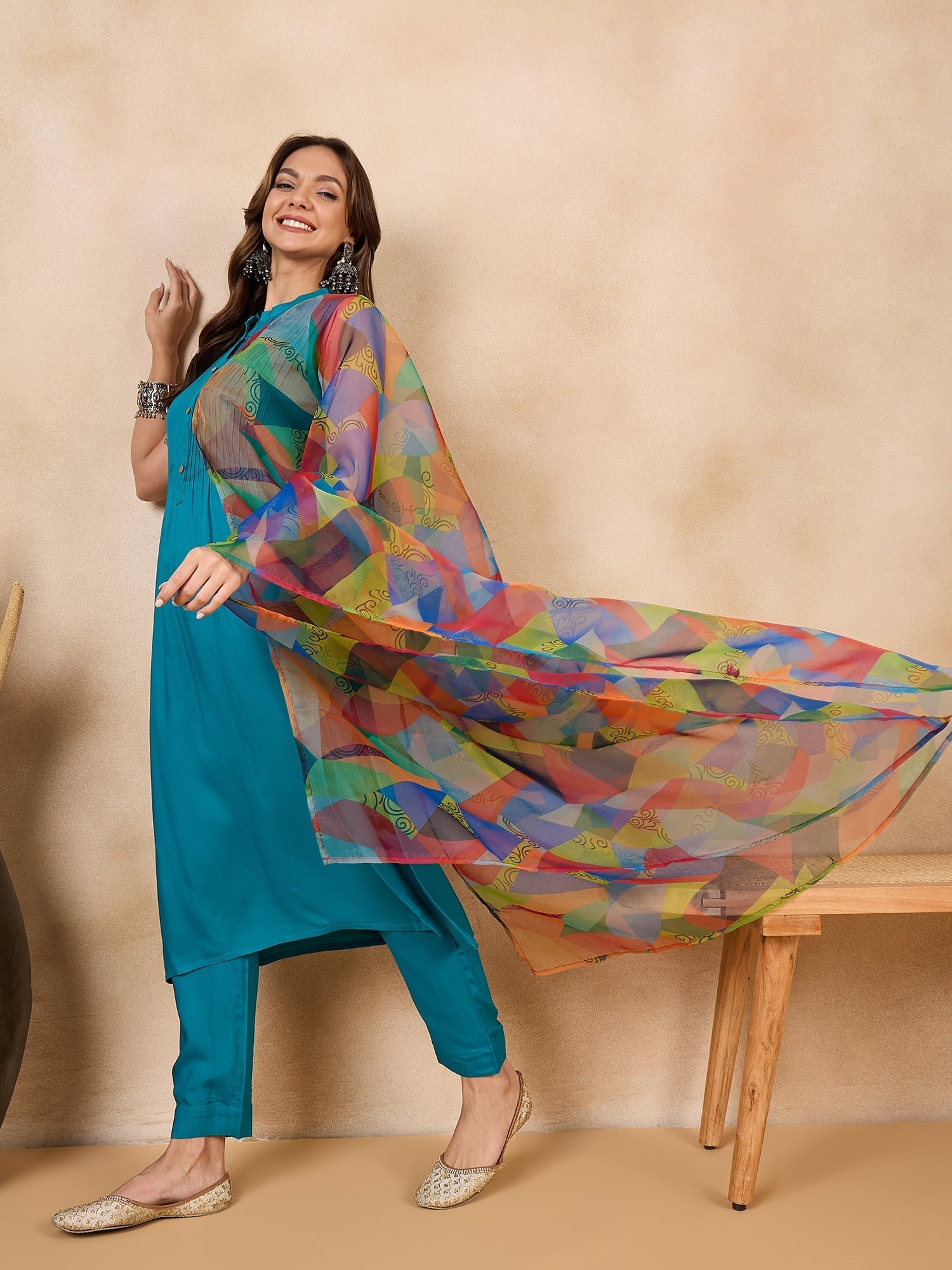 InWeave Green Big Abstract Print Organza Dupatta - Swadesiicart