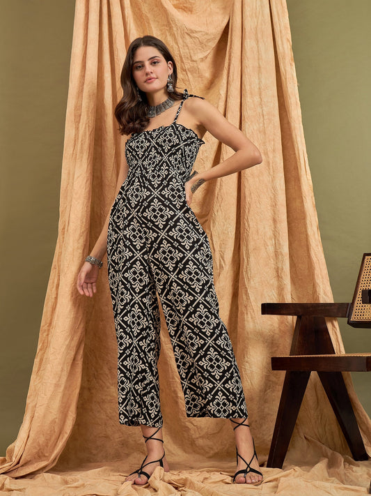 InWeave Black Damask Print Strappy Jumpsuit - Swadesiicart