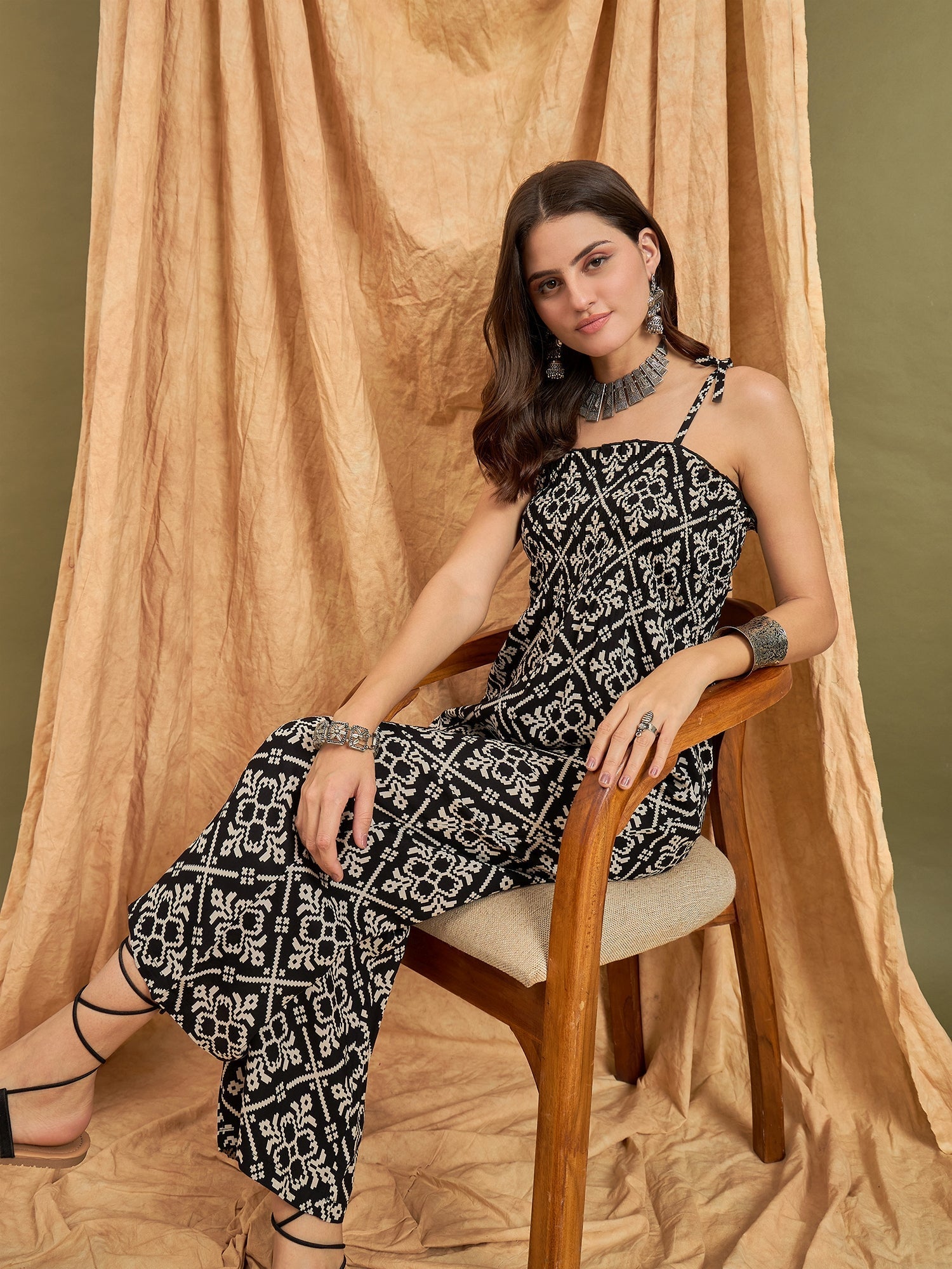 InWeave Black Damask Print Strappy Jumpsuit - Swadesiicart