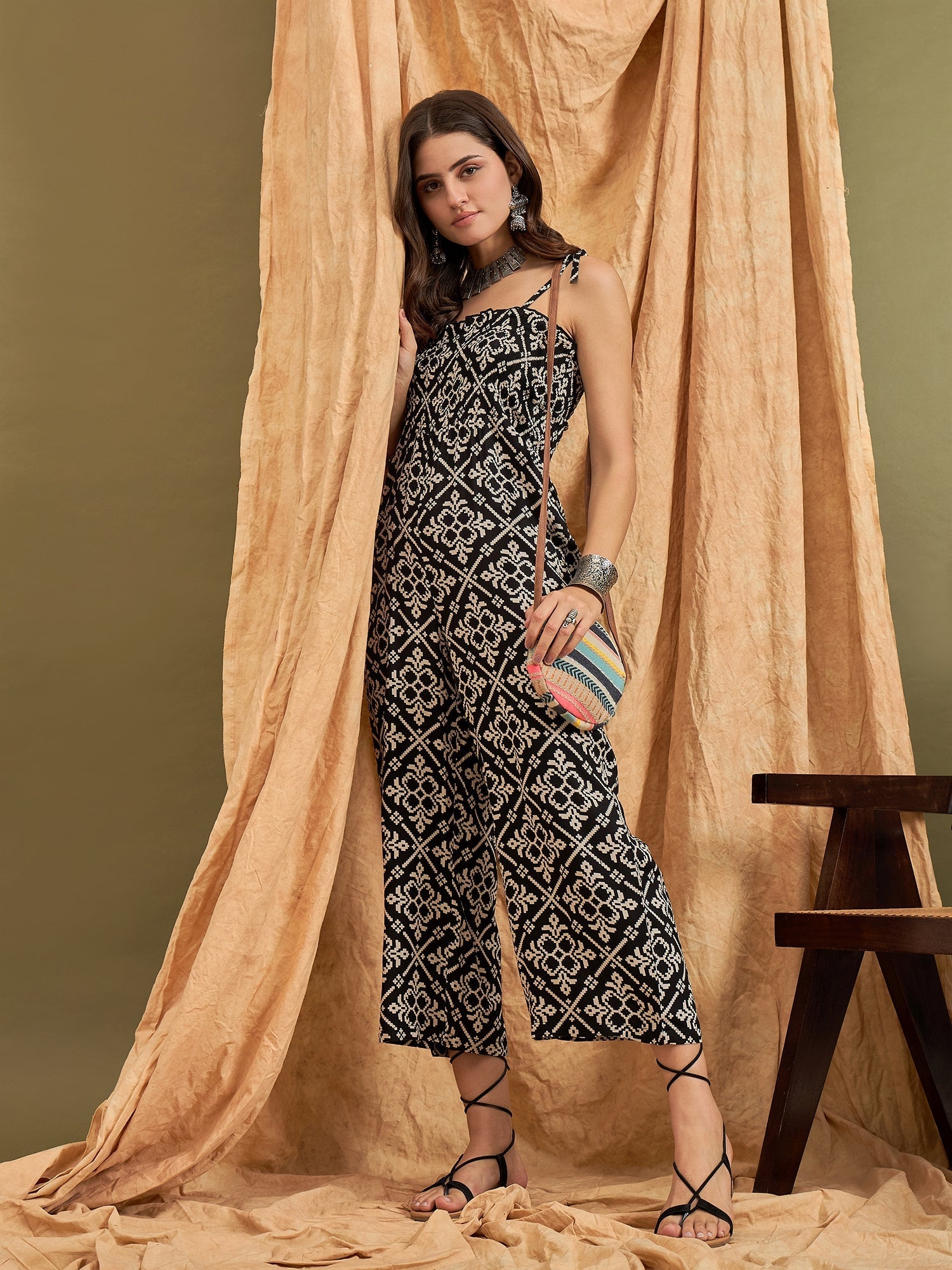 InWeave Black Damask Print Strappy Jumpsuit - Swadesiicart