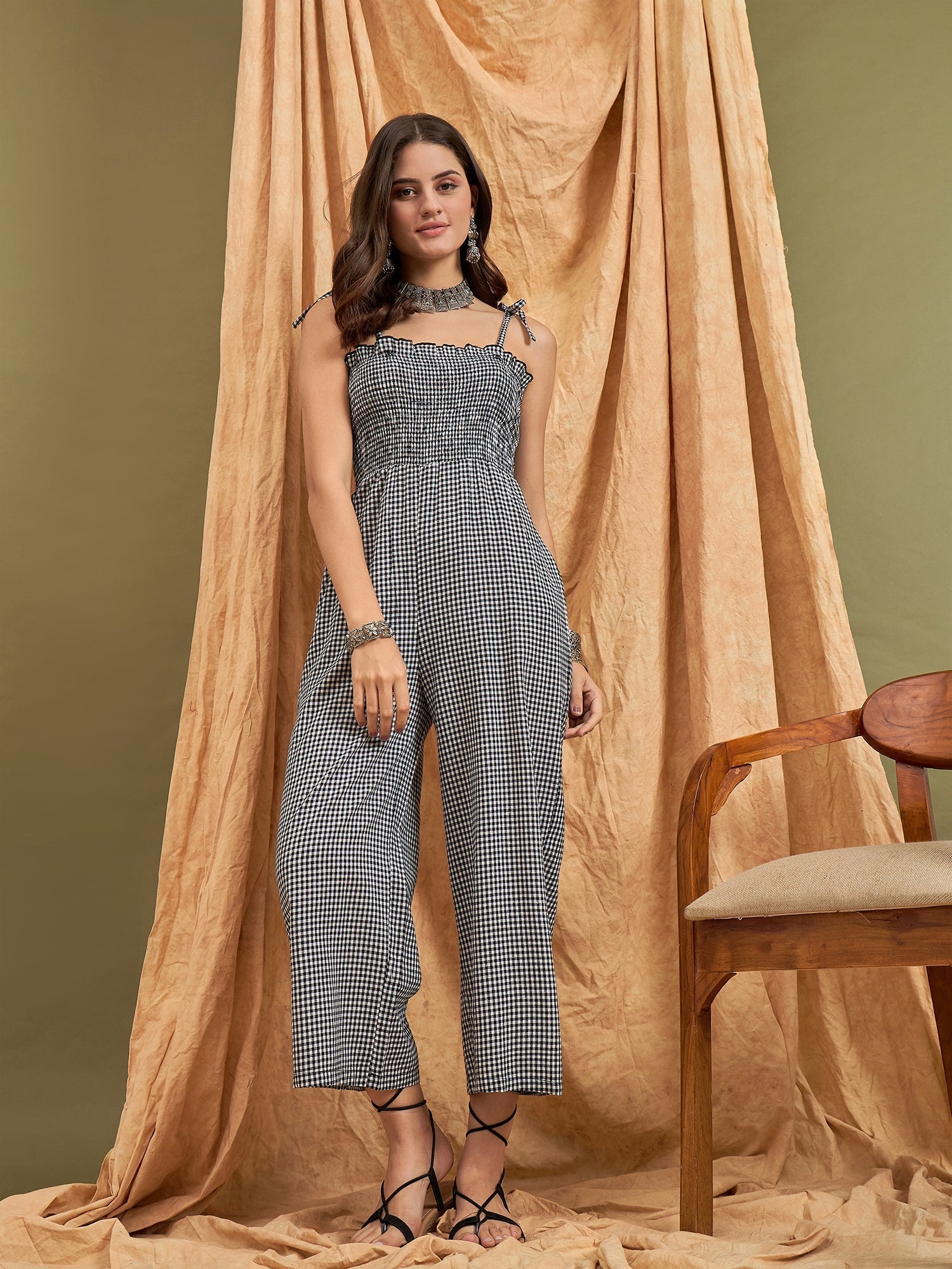 InWeave Black Small Check Strappy Jumpsuit - Swadesiicart