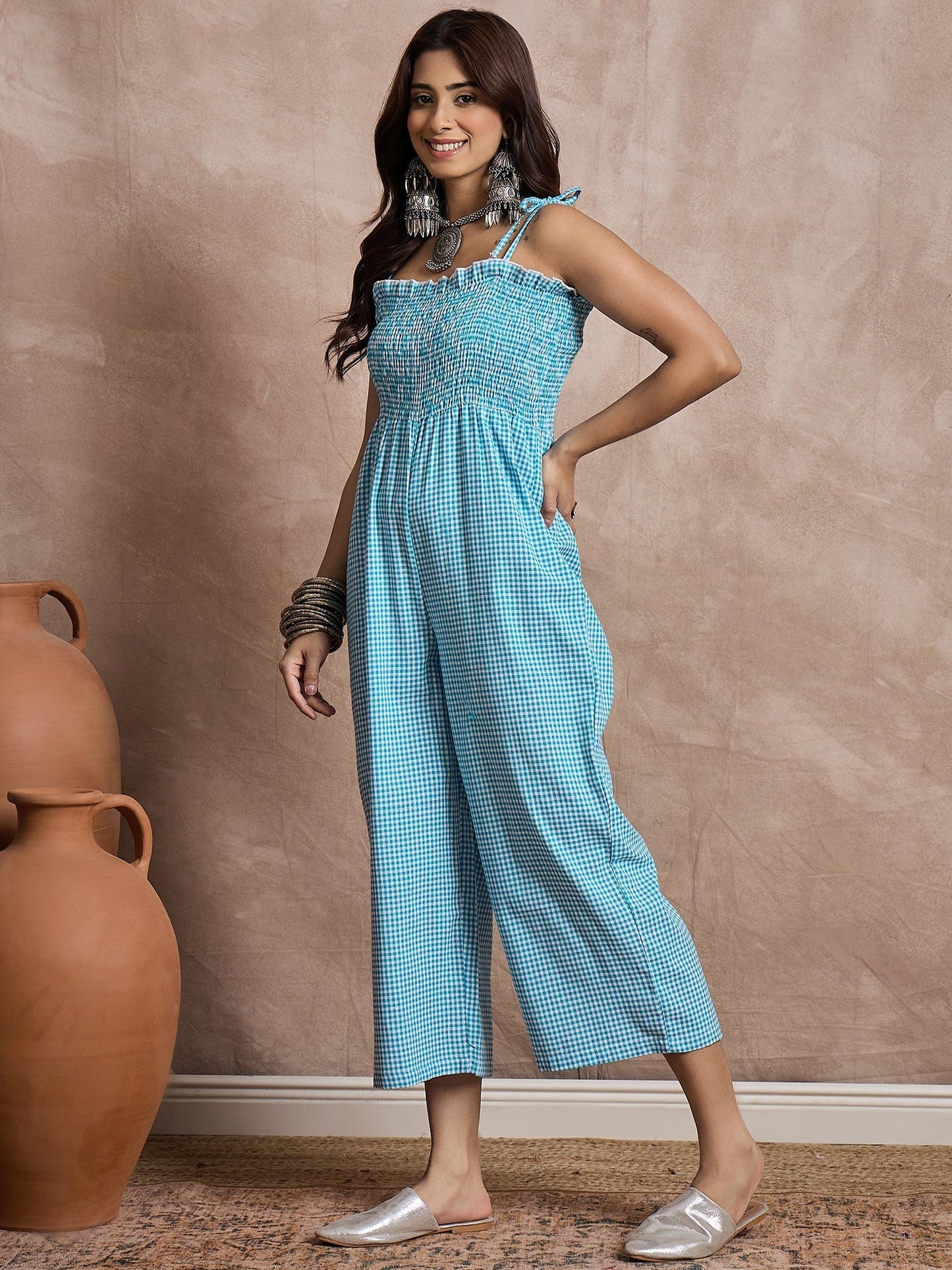 InWeave Cyan Blue Small Check Strappy Jumpsuit - Swadesiicart