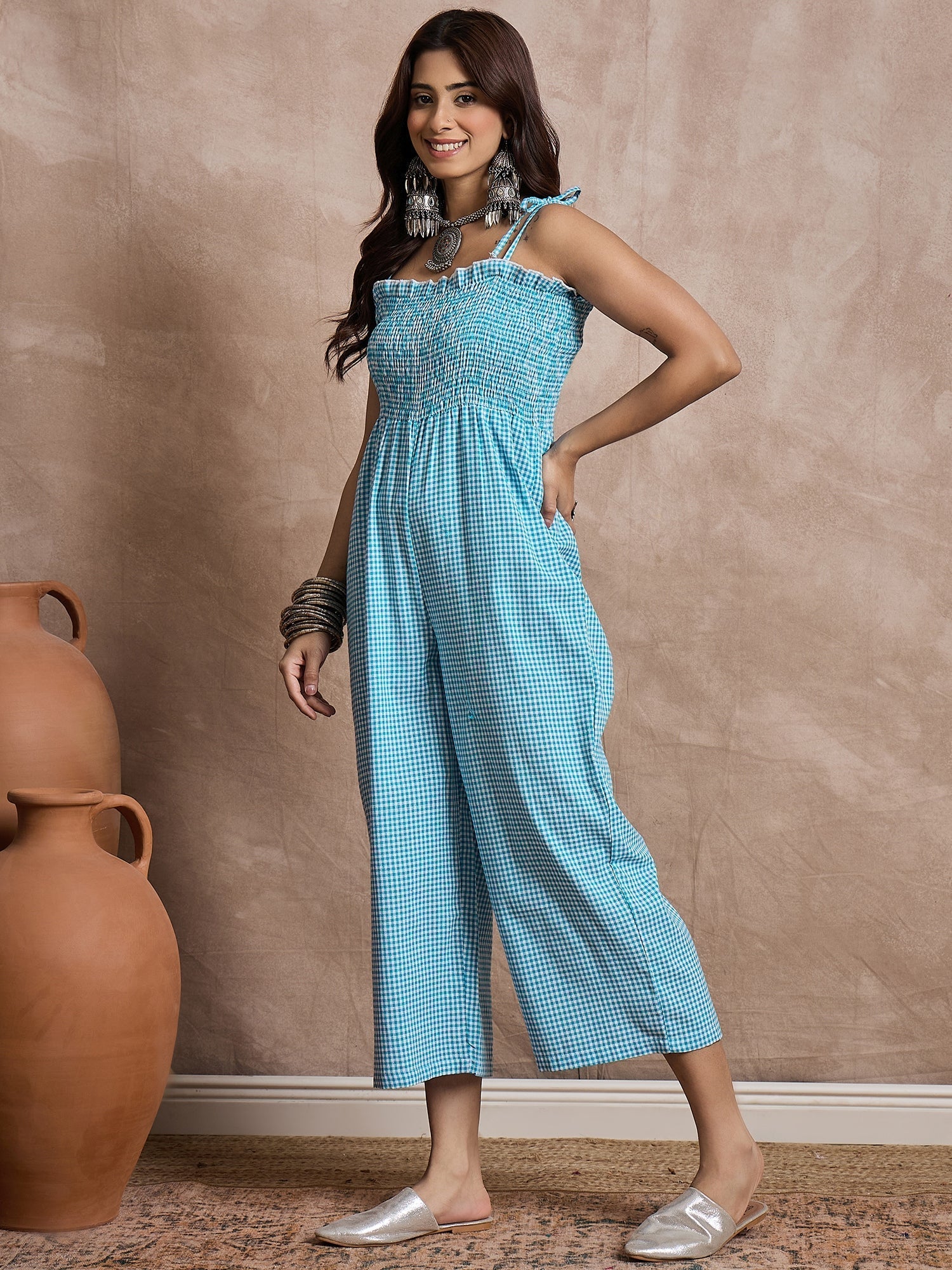 InWeave Cyan Blue Small Check Strappy Jumpsuit - Swadesiicart