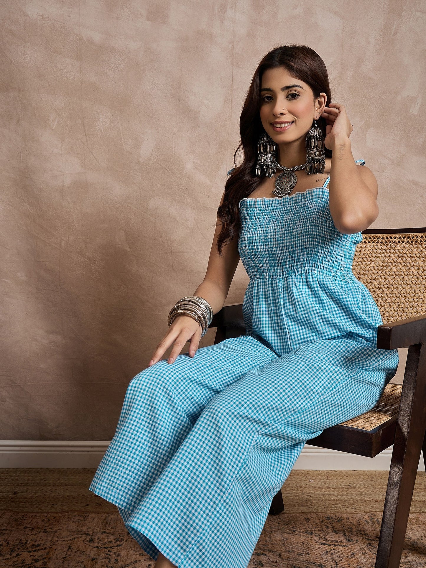 InWeave Cyan Blue Small Check Strappy Jumpsuit - Swadesiicart