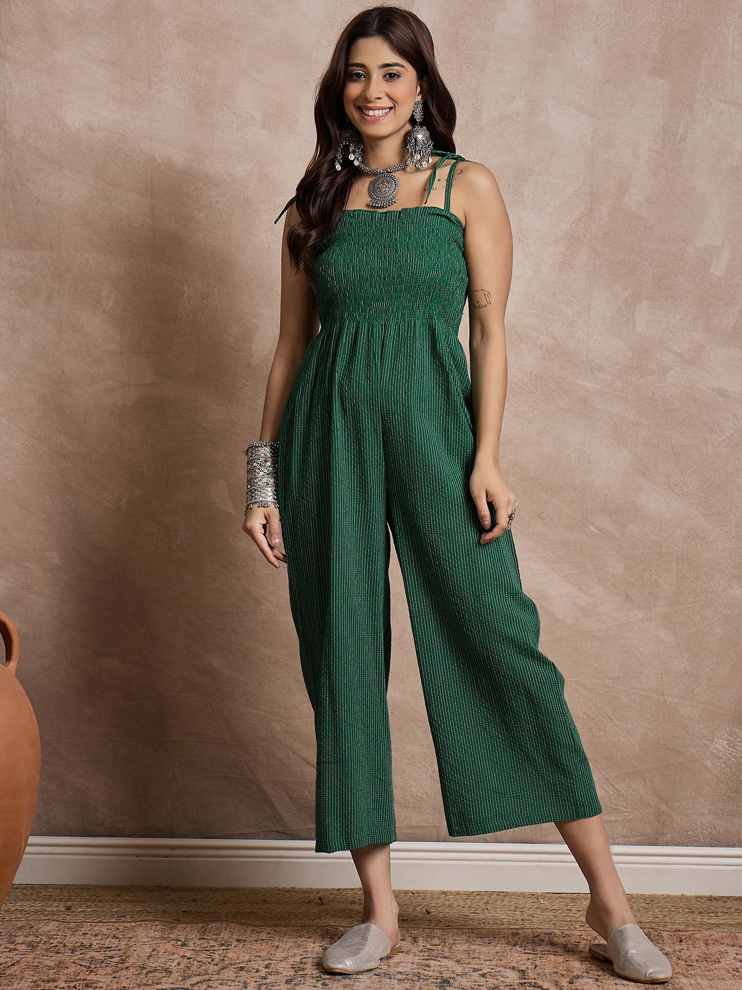 InWeave Green Kantha Strappy Jumpsuit - Swadesiicart