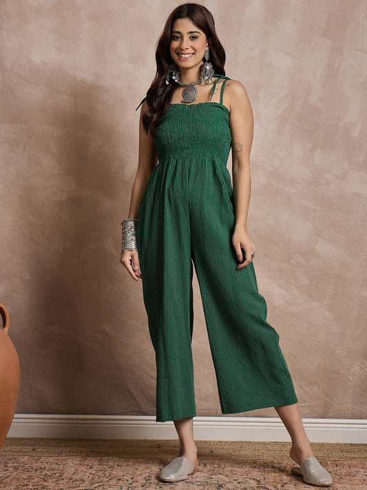InWeave Green Kantha Strappy Jumpsuit - Swadesiicart