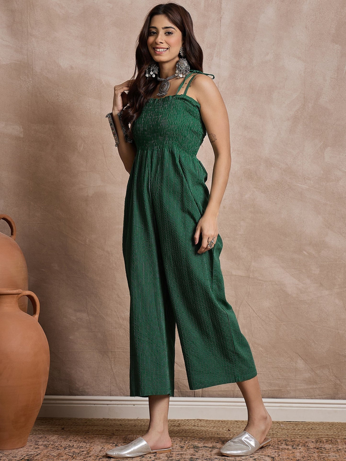 InWeave Green Kantha Strappy Jumpsuit - Swadesiicart