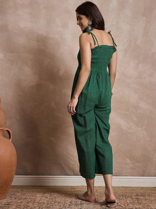 InWeave Green Kantha Strappy Jumpsuit - Swadesiicart