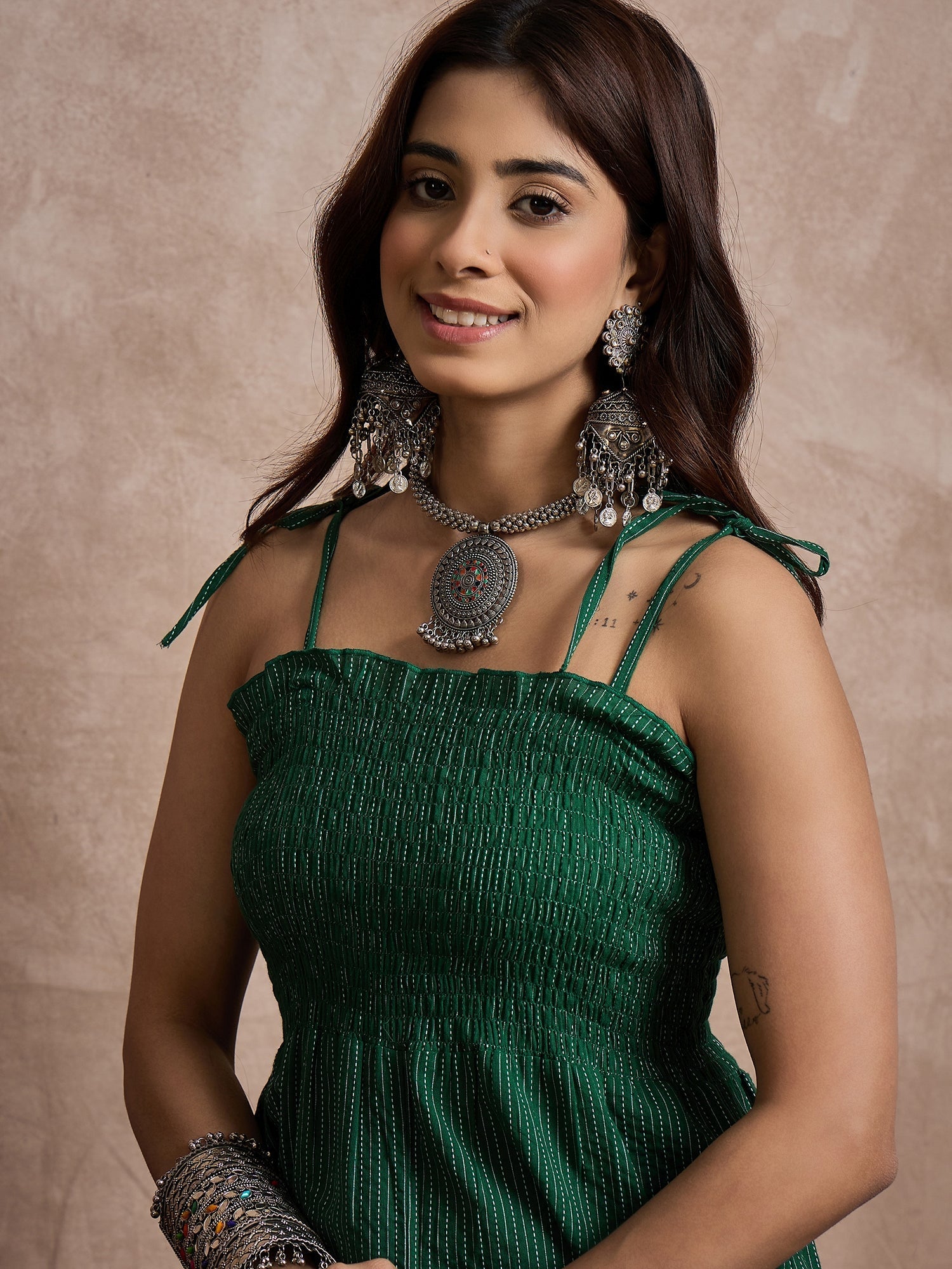 InWeave Green Kantha Strappy Jumpsuit - Swadesiicart