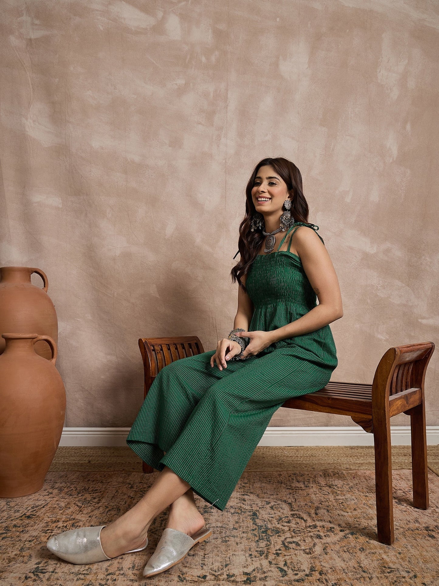 InWeave Green Kantha Strappy Jumpsuit - Swadesiicart