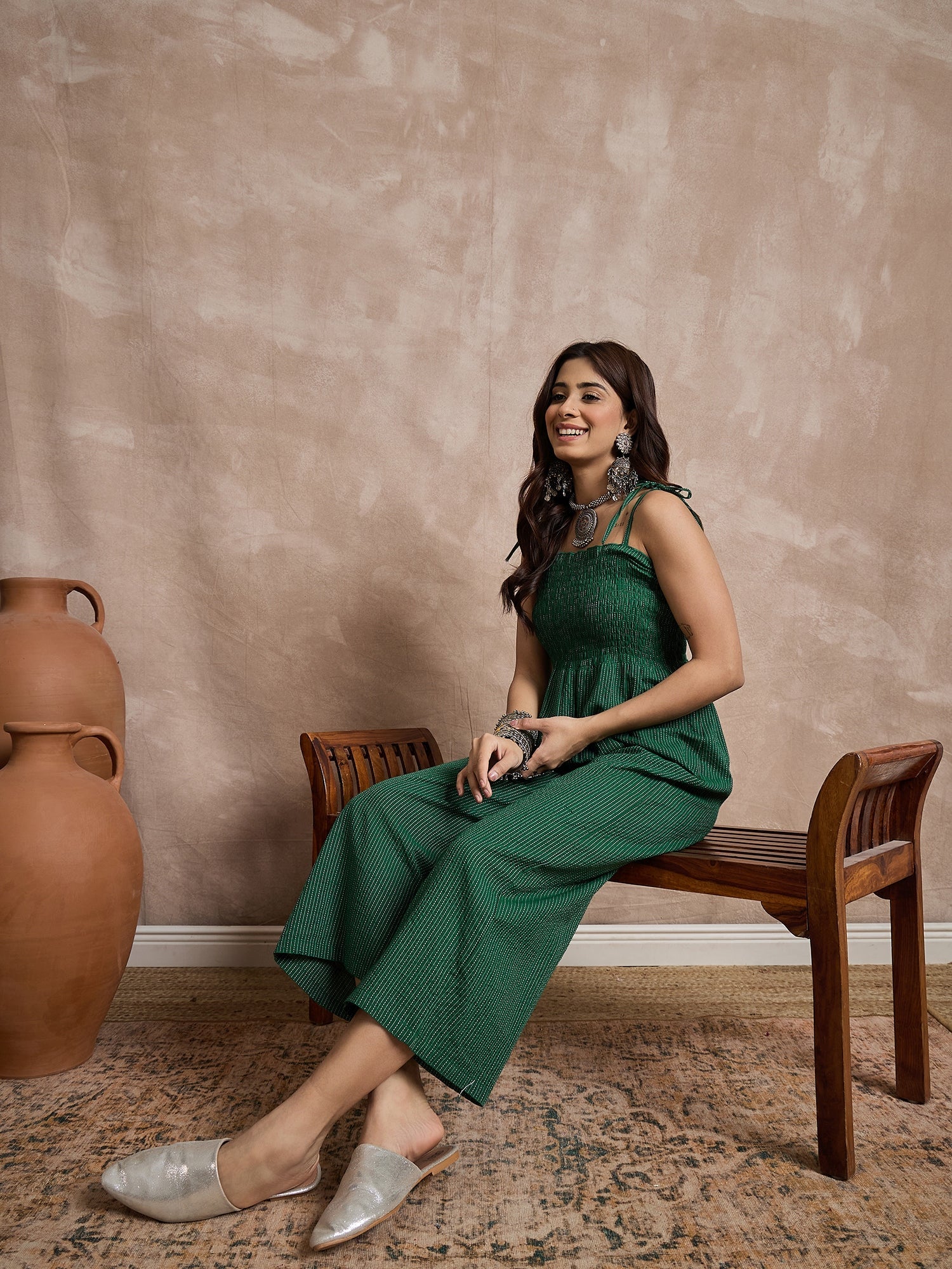 InWeave Green Kantha Strappy Jumpsuit - Swadesiicart