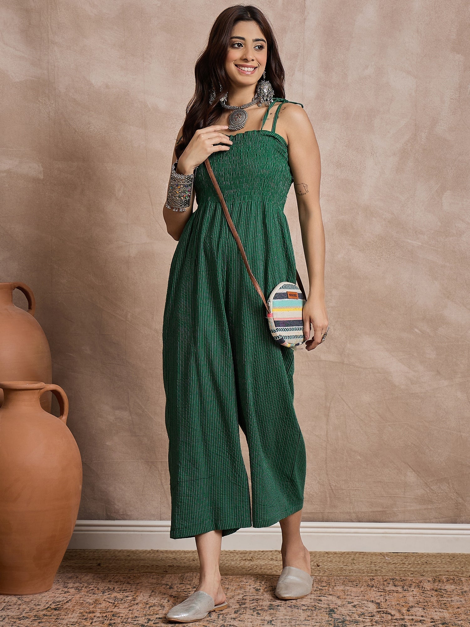 InWeave Green Kantha Strappy Jumpsuit - Swadesiicart
