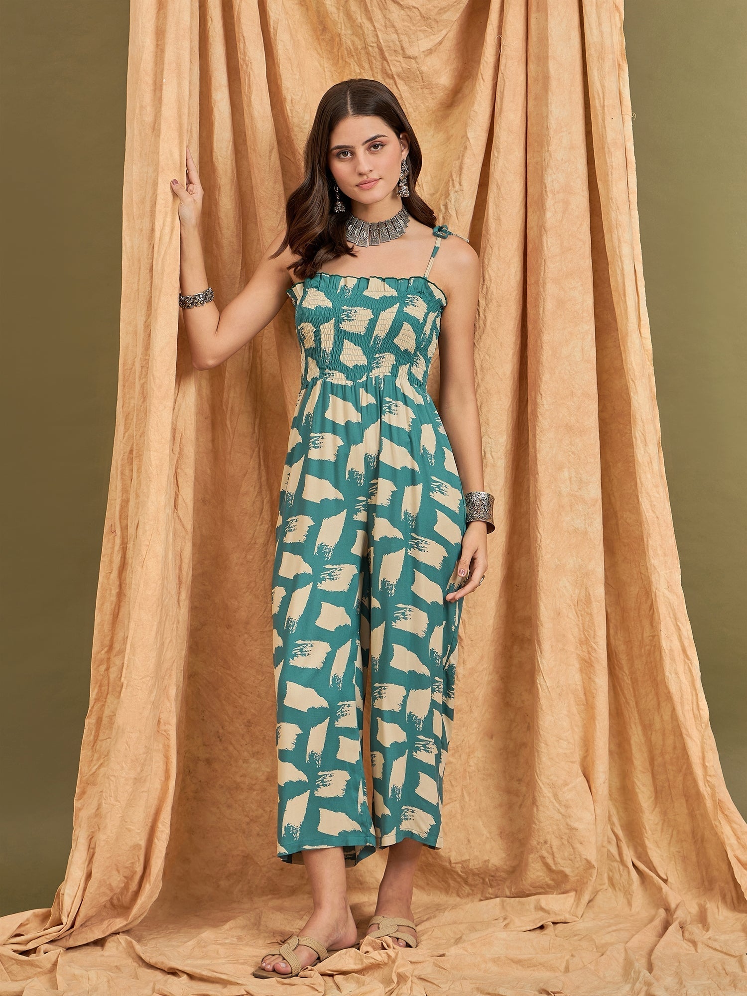 InWeave Marin Teal Beige Strappy Jumpsuit - Swadesiicart
