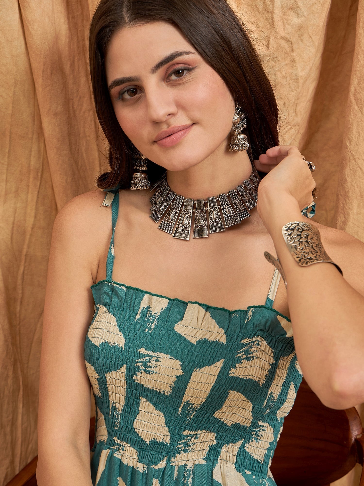 InWeave Marin Teal Beige Strappy Jumpsuit - Swadesiicart