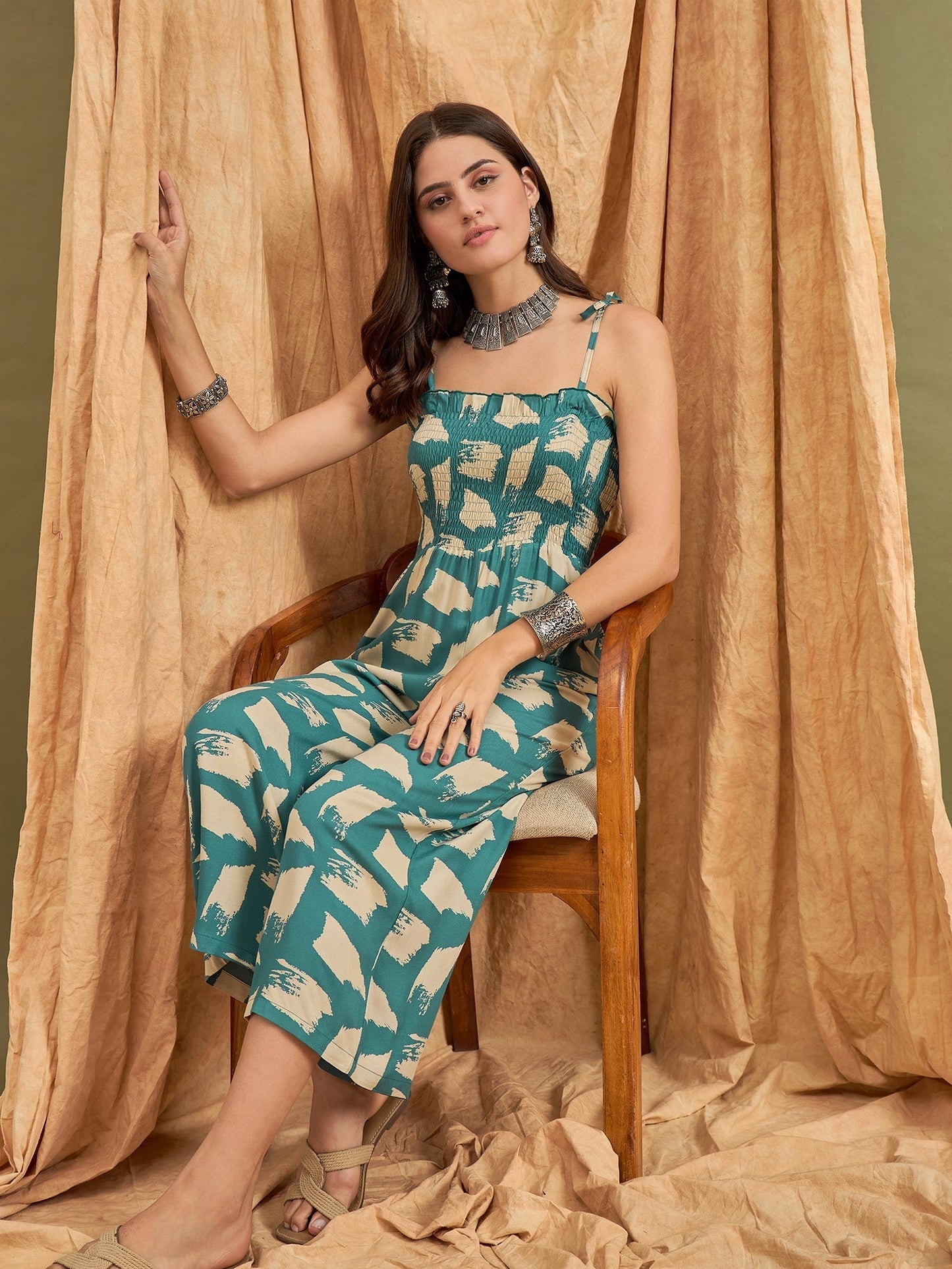 InWeave Marin Teal Beige Strappy Jumpsuit - Swadesiicart