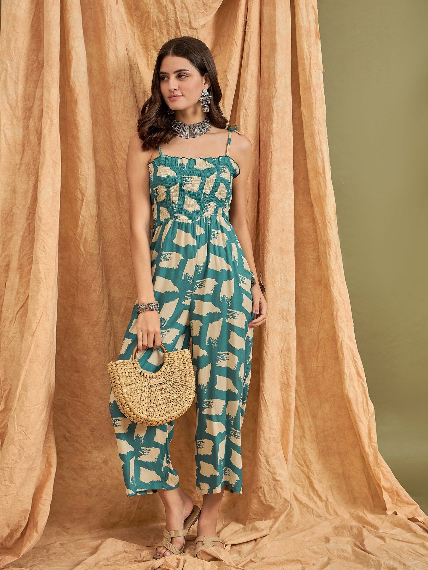 InWeave Marin Teal Beige Strappy Jumpsuit - Swadesiicart