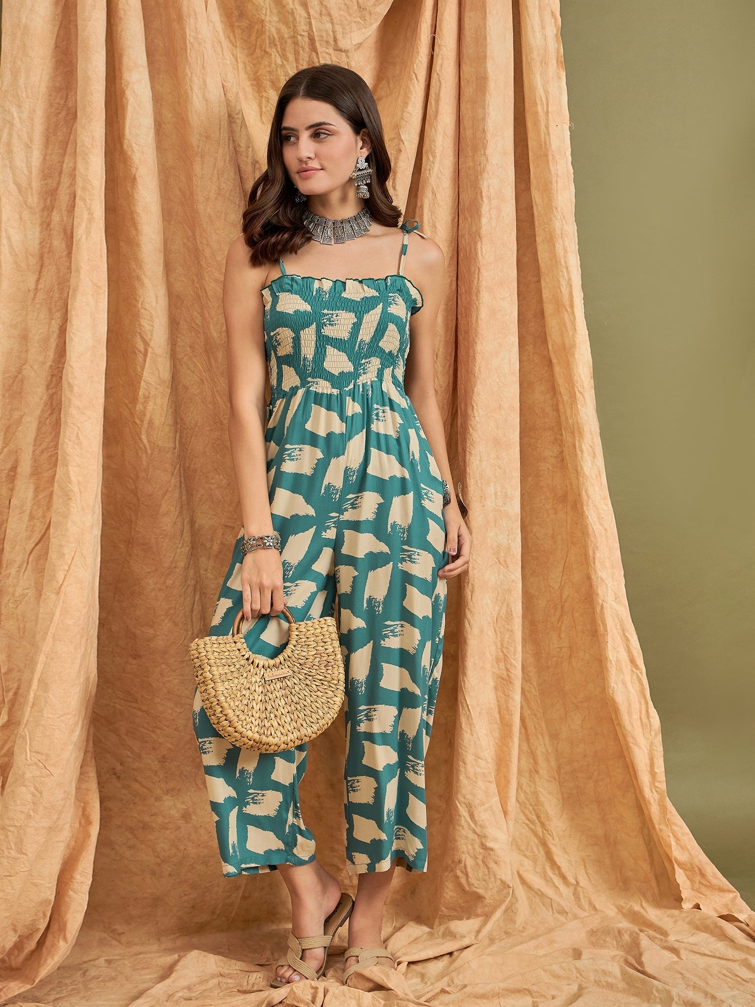 InWeave Marin Teal Beige Strappy Jumpsuit - Swadesiicart