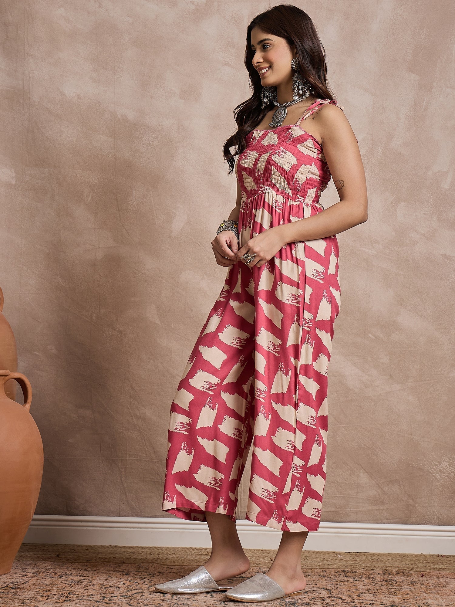 InWeave Punch Pink Beige Strappy Jumpsuit - Swadesiicart