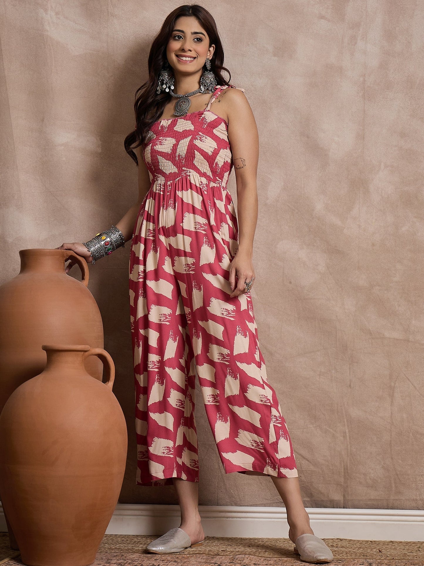 InWeave Punch Pink Beige Strappy Jumpsuit - Swadesiicart