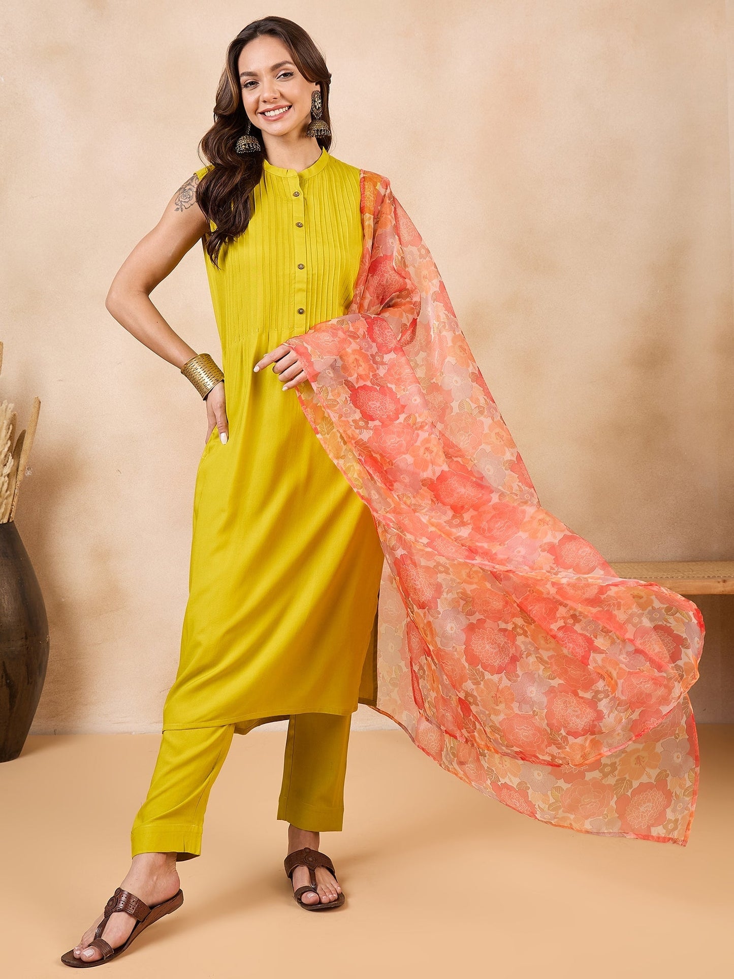 InWeave Orange Big Floral Organza Dupatta - Swadesiicart