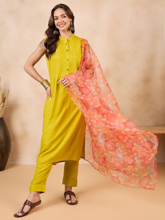 InWeave Orange Big Floral Organza Dupatta - Swadesiicart