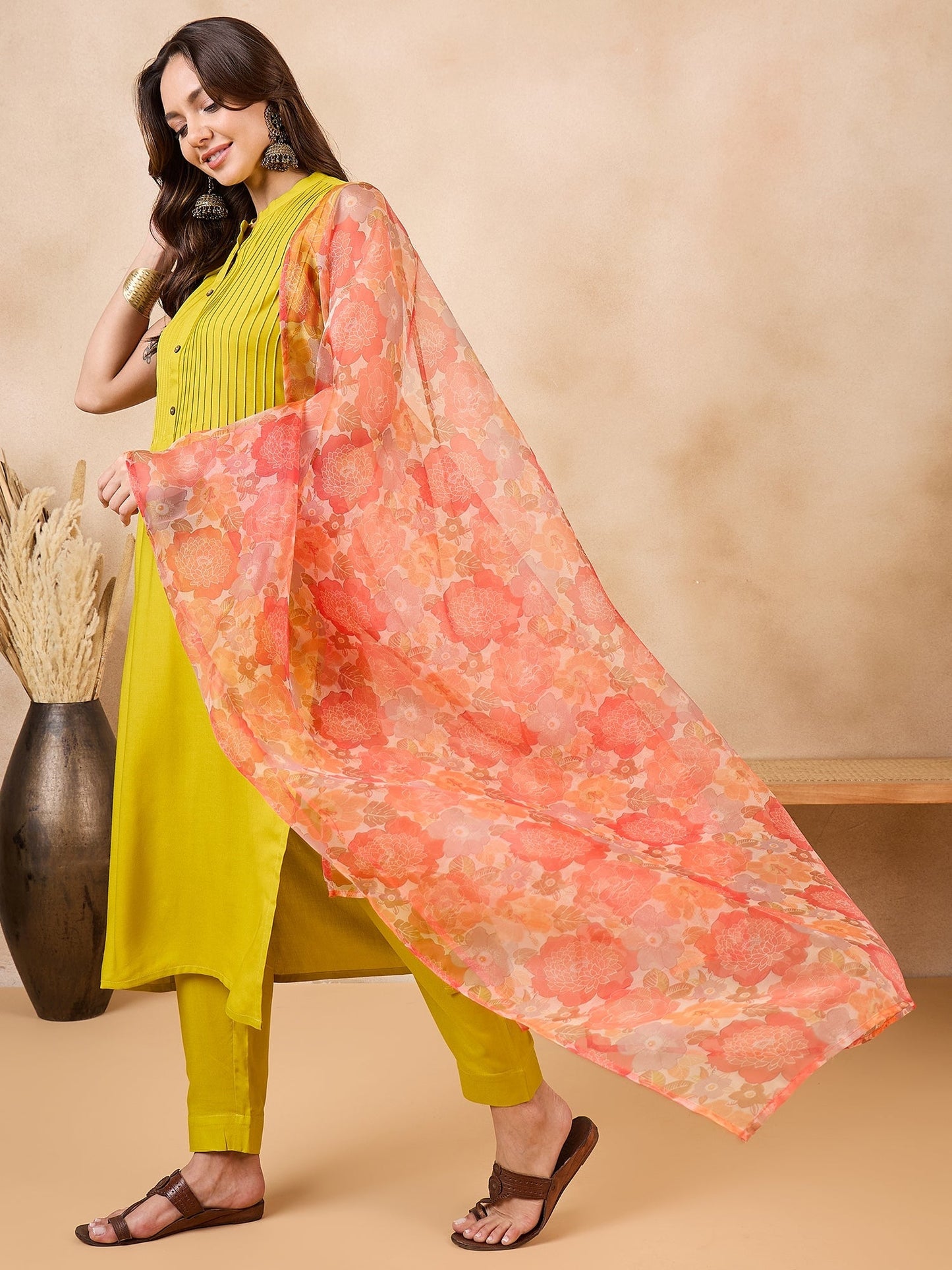 InWeave Orange Big Floral Organza Dupatta - Swadesiicart