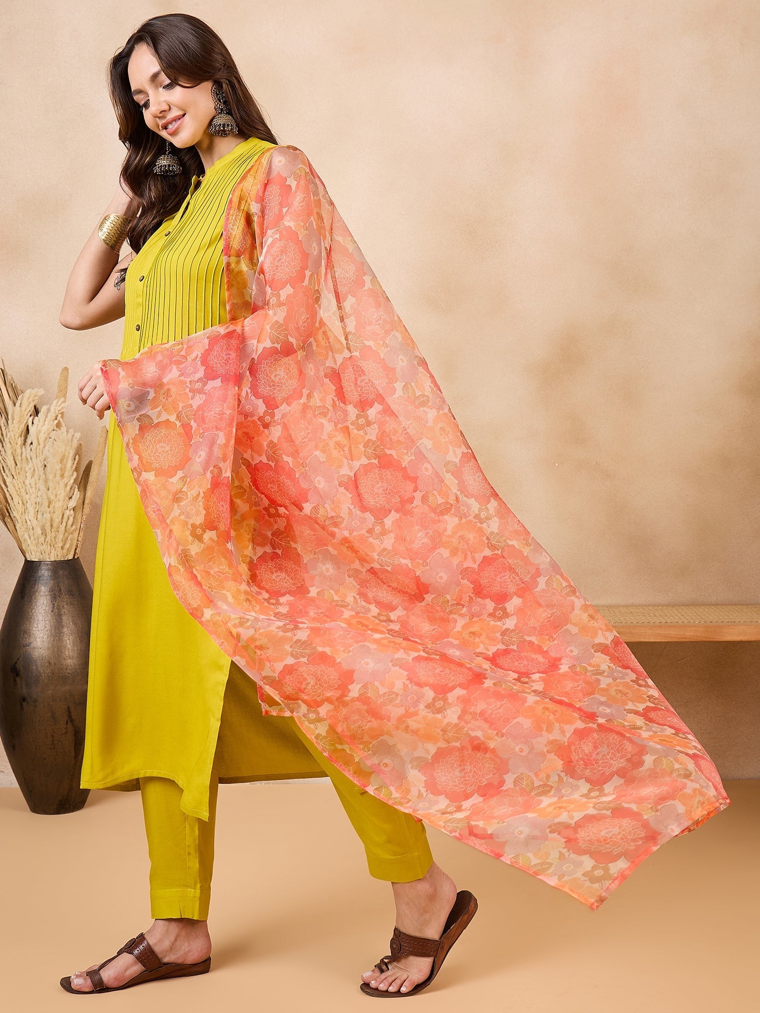 InWeave Orange Big Floral Organza Dupatta - Swadesiicart