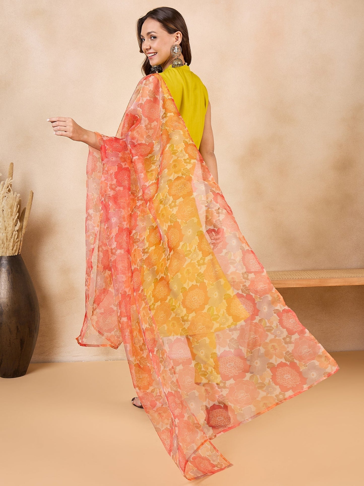 InWeave Orange Big Floral Organza Dupatta - Swadesiicart