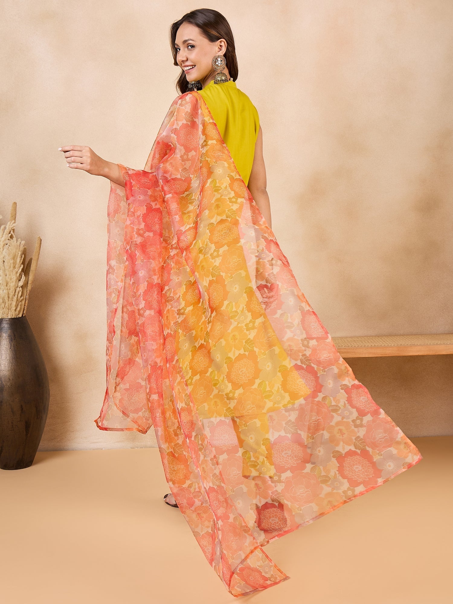 InWeave Orange Big Floral Organza Dupatta - Swadesiicart