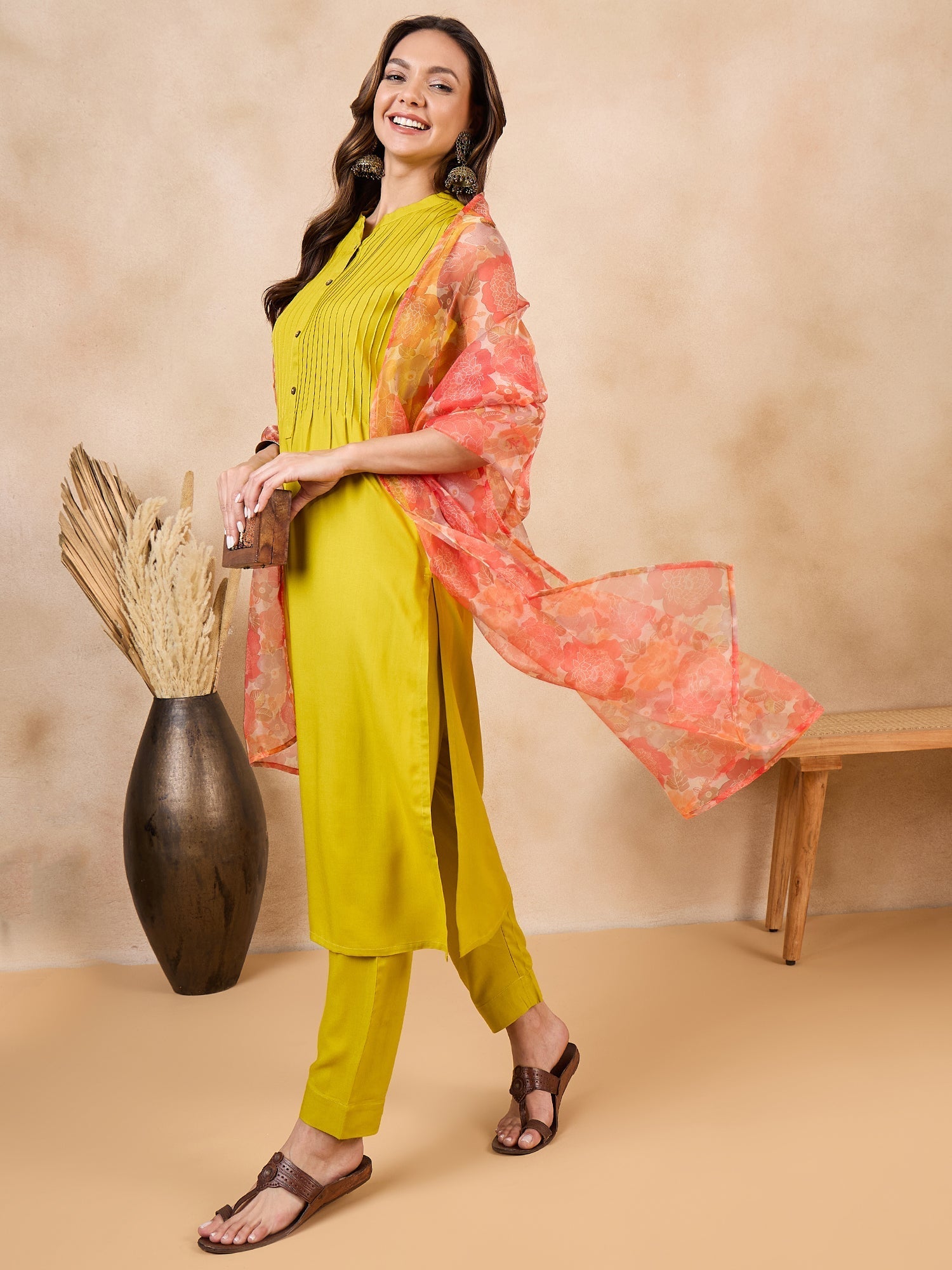 InWeave Orange Big Floral Organza Dupatta - Swadesiicart