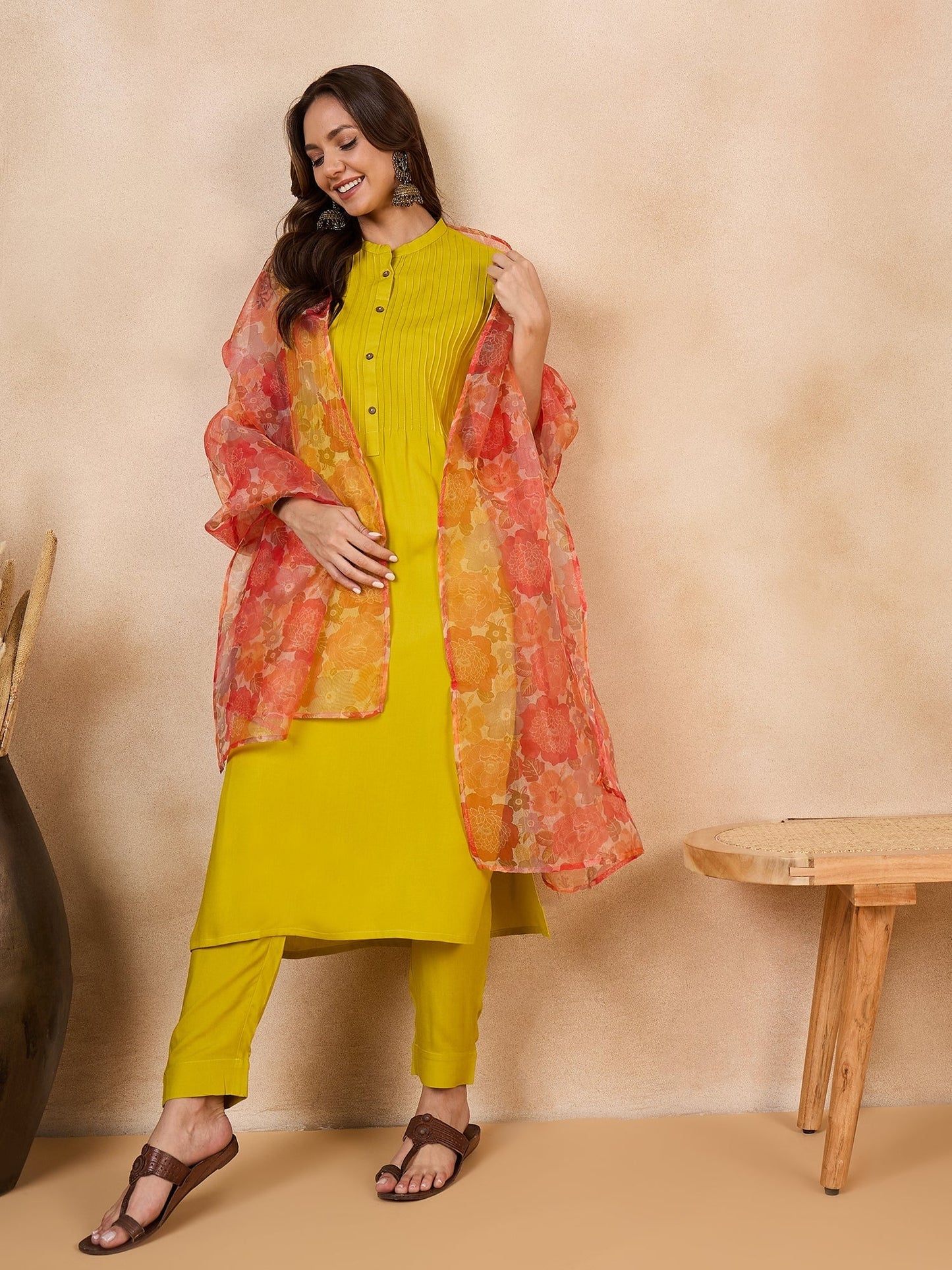 InWeave Orange Big Floral Organza Dupatta - Swadesiicart