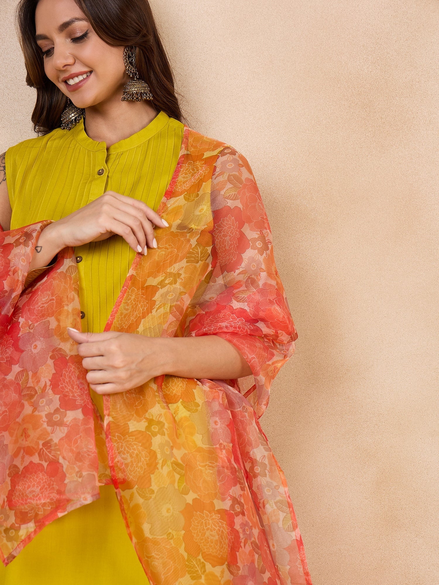 InWeave Orange Big Floral Organza Dupatta - Swadesiicart