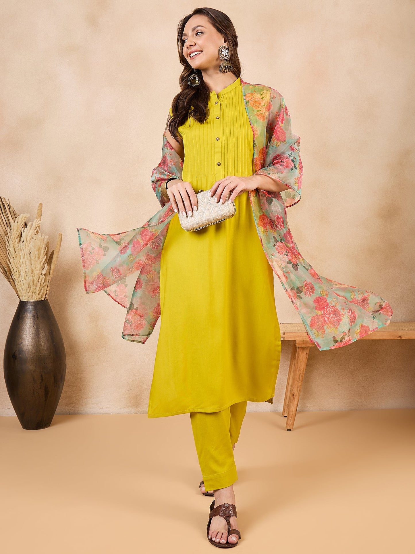InWeave Pear Green Pink Floral Organza Dupatta - Swadesiicart