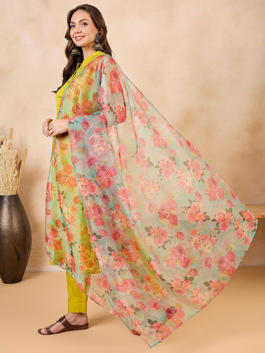 InWeave Pear Green Pink Floral Organza Dupatta - Swadesiicart