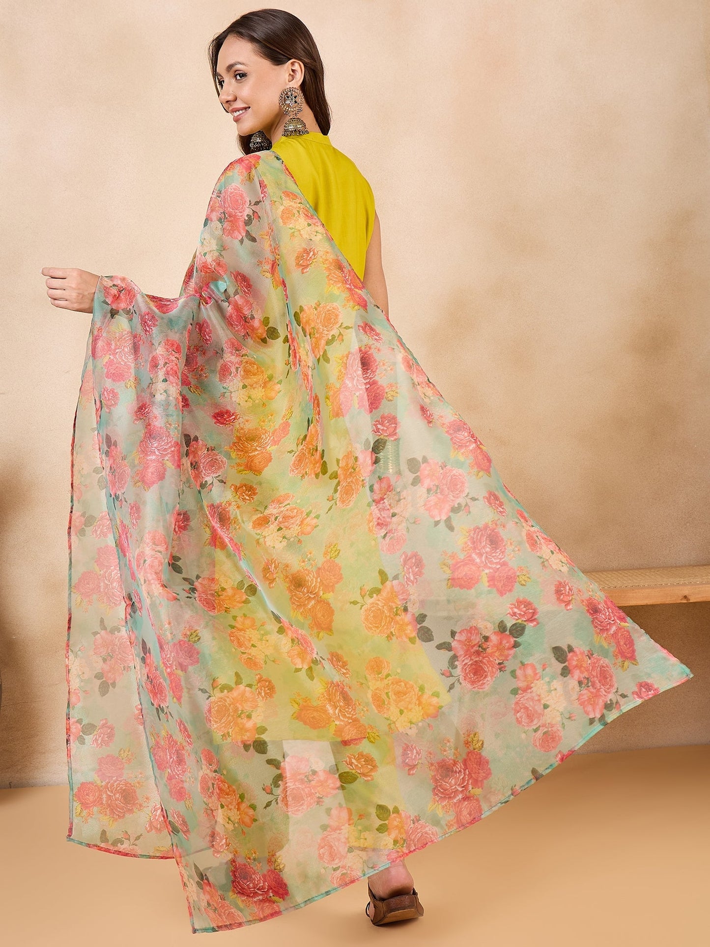 InWeave Pear Green Pink Floral Organza Dupatta - Swadesiicart
