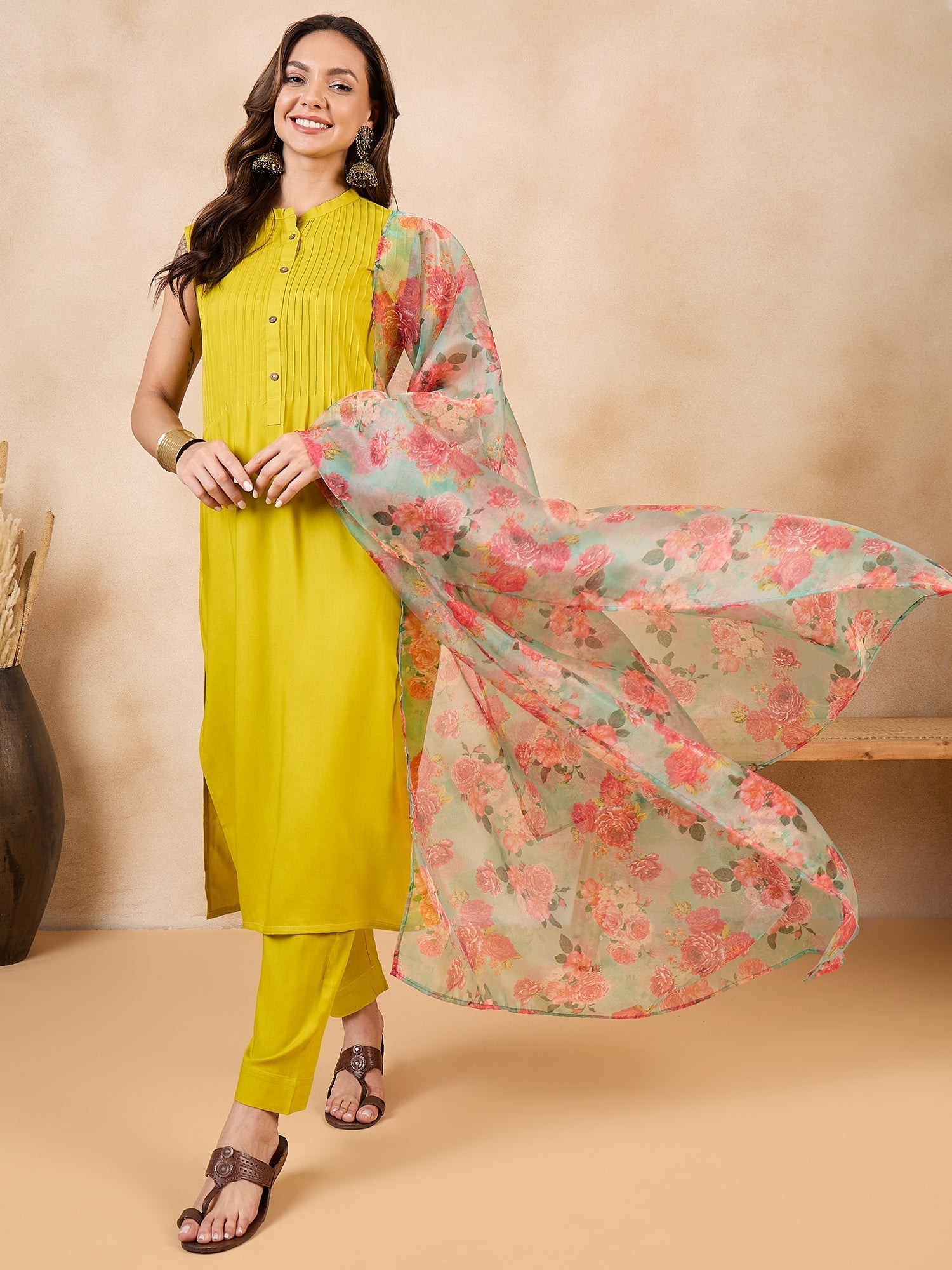 InWeave Pear Green Pink Floral Organza Dupatta - Swadesiicart