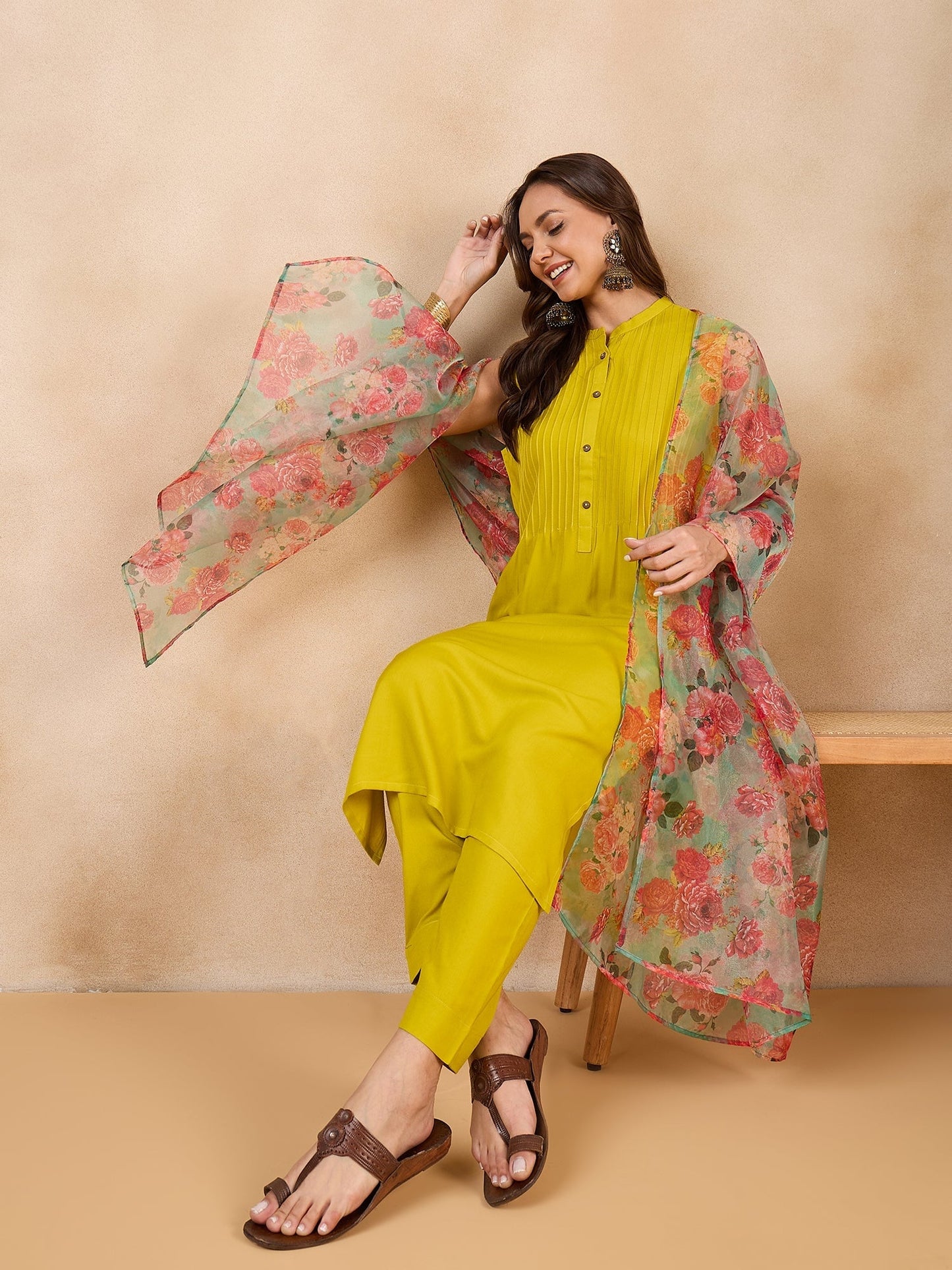 InWeave Pear Green Pink Floral Organza Dupatta - Swadesiicart