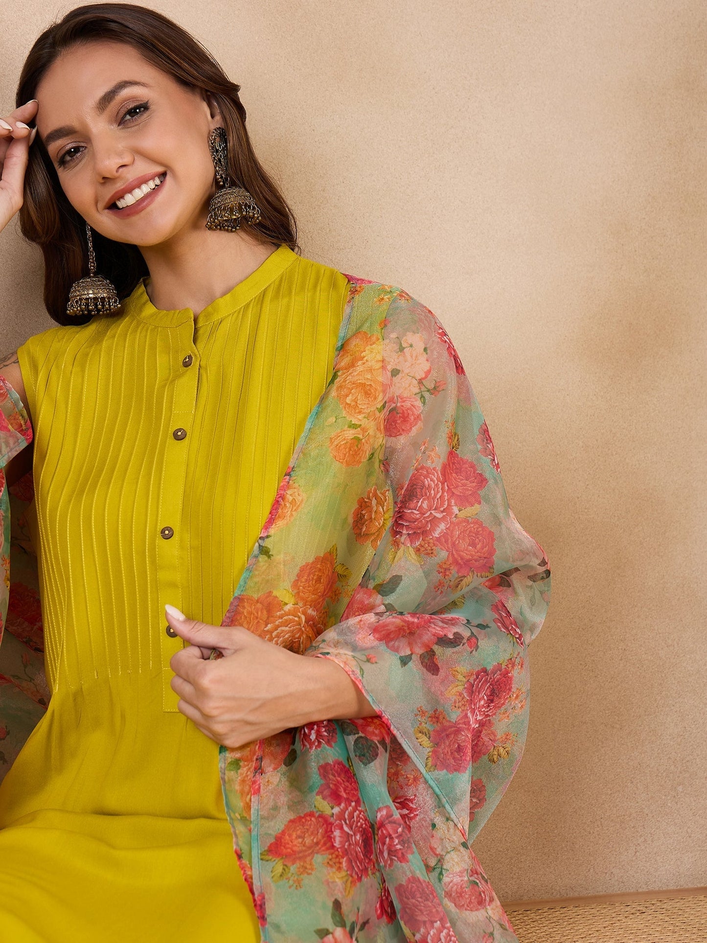 InWeave Pear Green Pink Floral Organza Dupatta - Swadesiicart