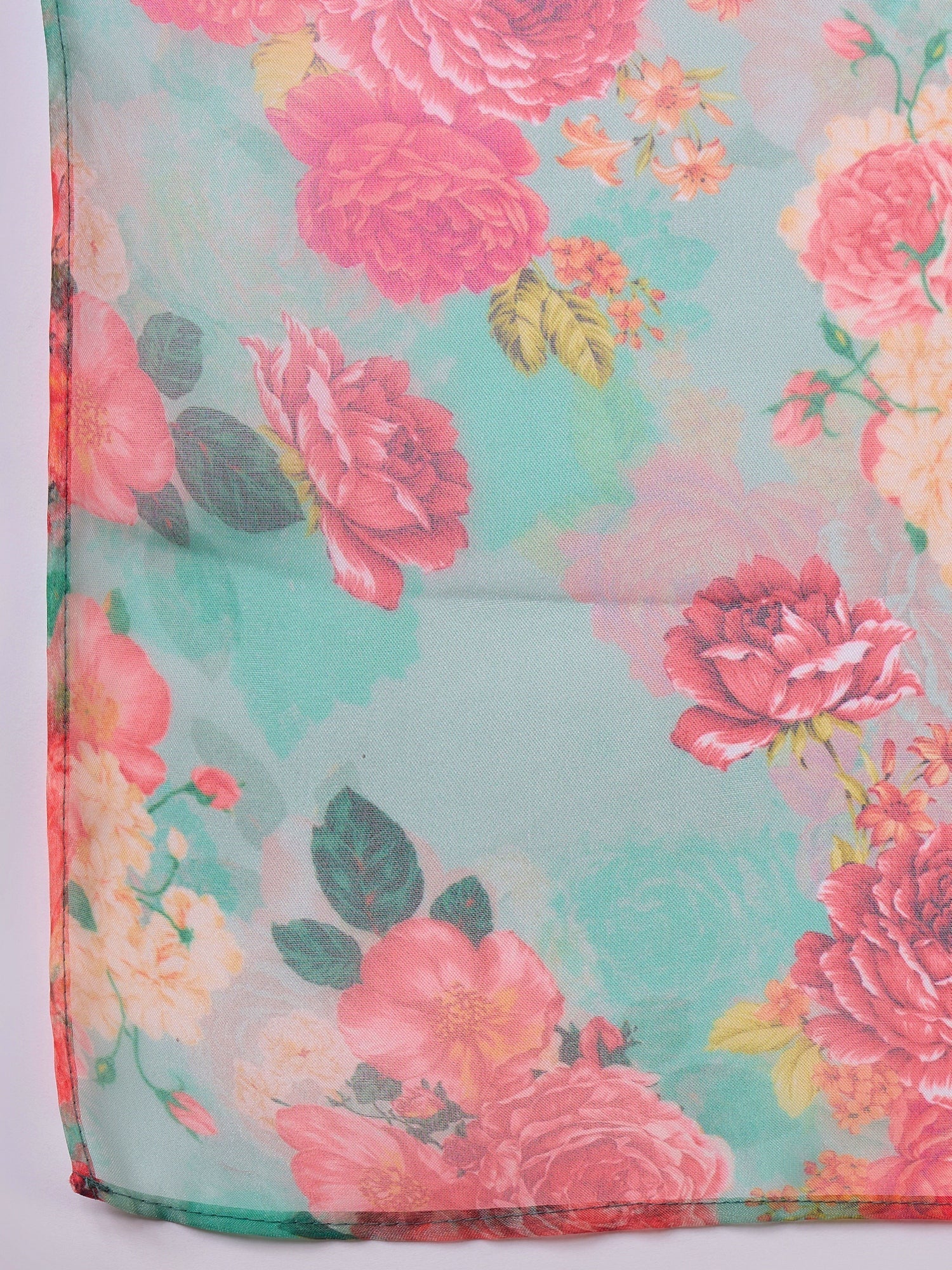 InWeave Pear Green Pink Floral Organza Dupatta - Swadesiicart