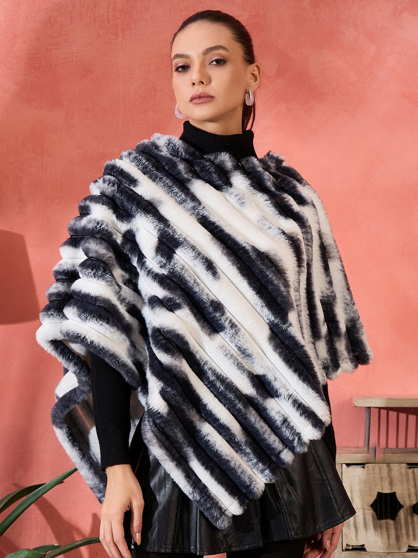 InWeave Black White Dye Rabbit Faux Fur Poncho - Swadesiicart
