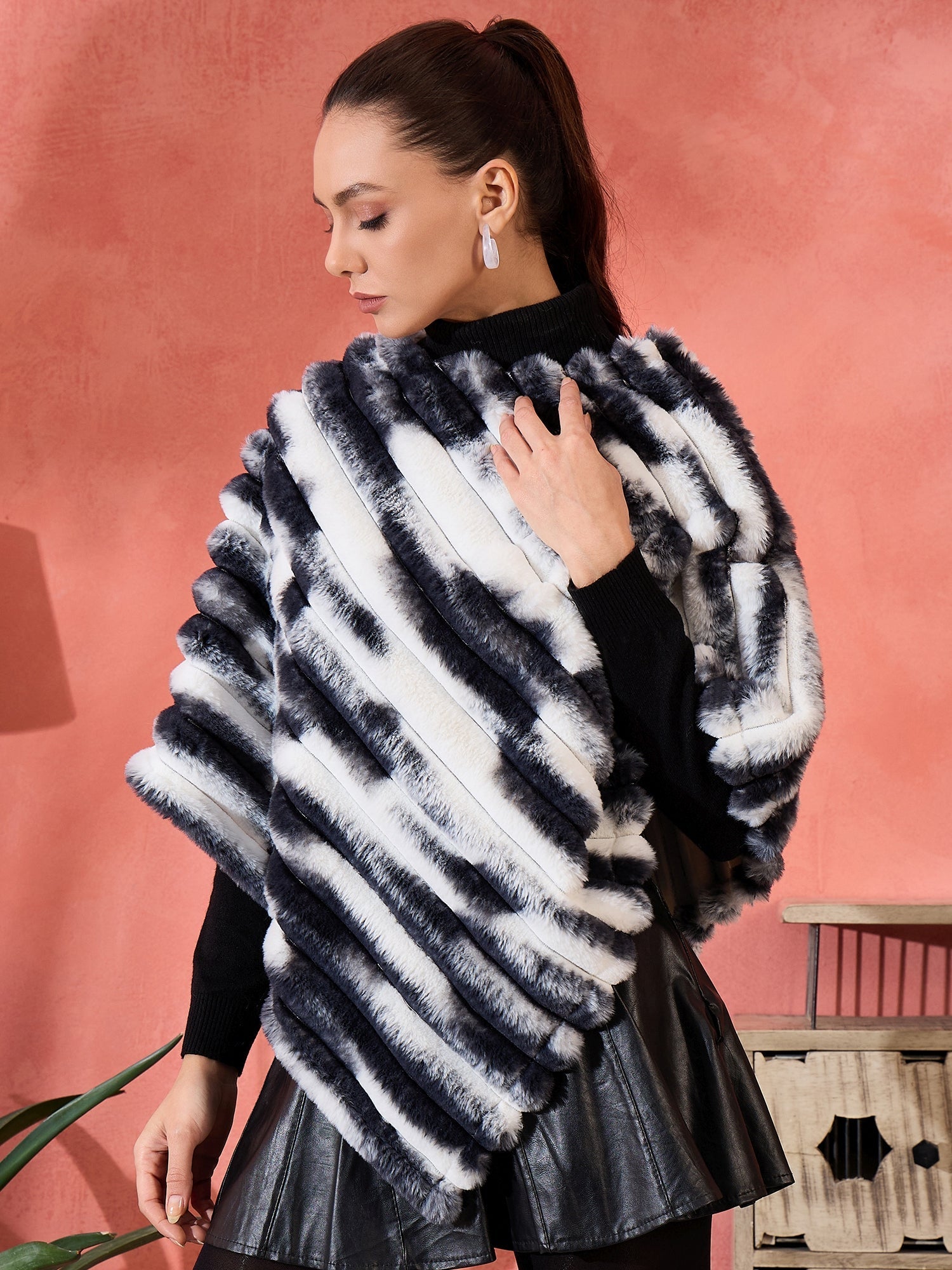 InWeave Black White Dye Rabbit Faux Fur Poncho - Swadesiicart